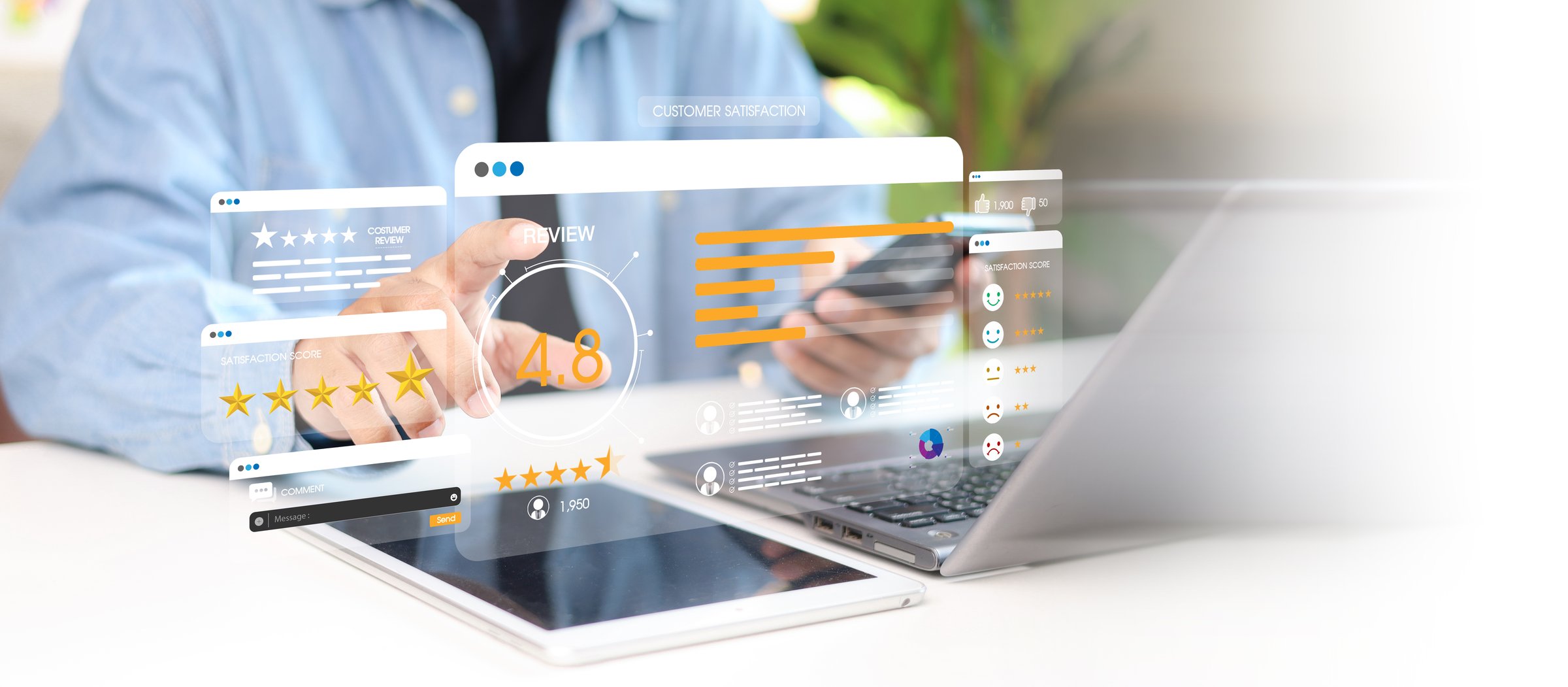 Customer review satisfaction feedback survey concept. Customer can evaluate quality of service leading to reputation ranking of business.