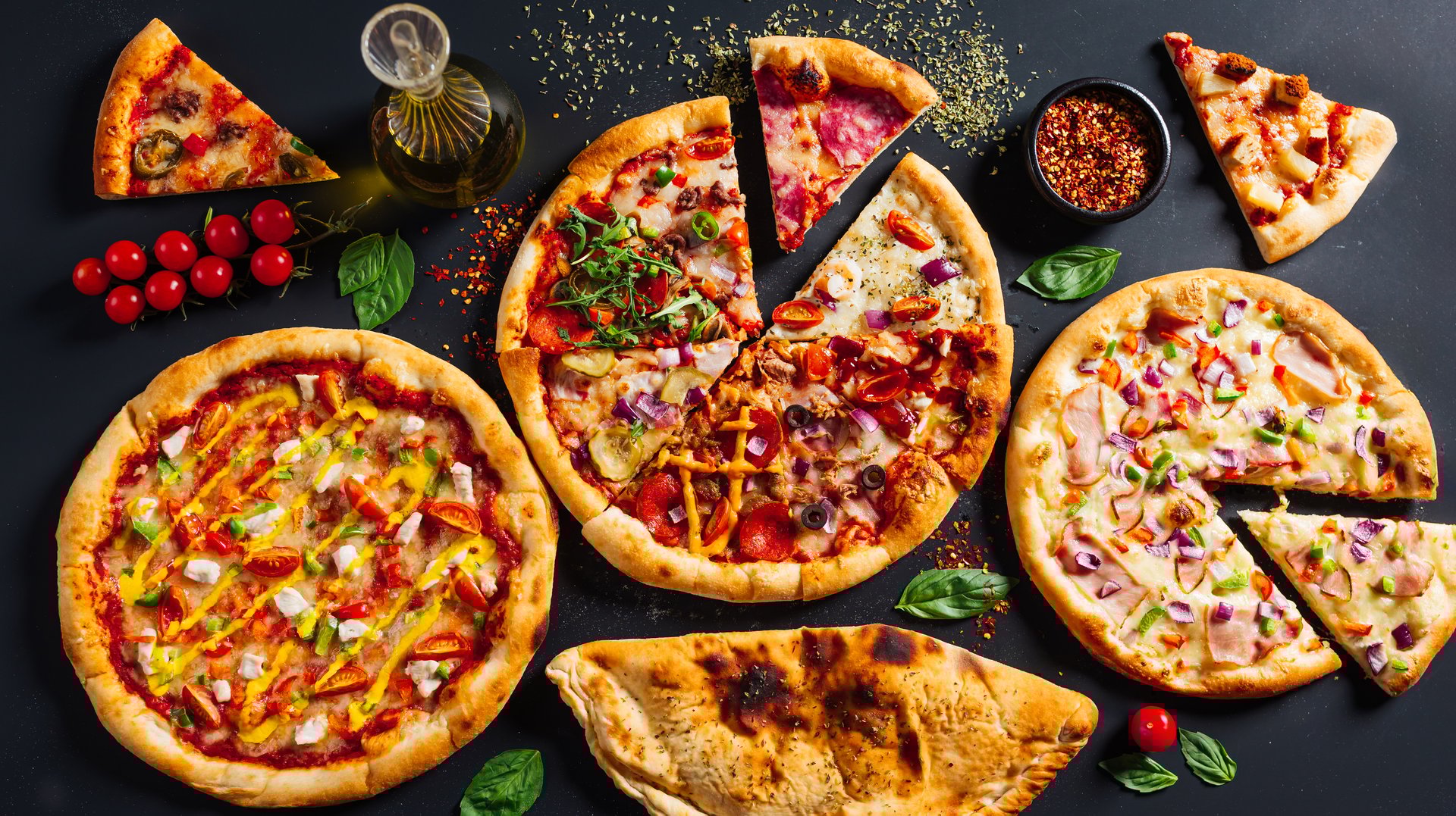 Assorted pizzas in a pizza shape arrangement