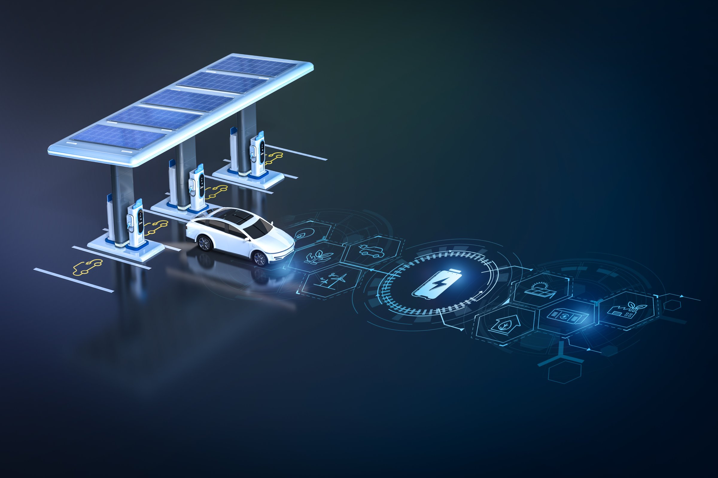 3d rendering ev charging stations or electric vehicle recharging stations with solar roof and digital graphic display