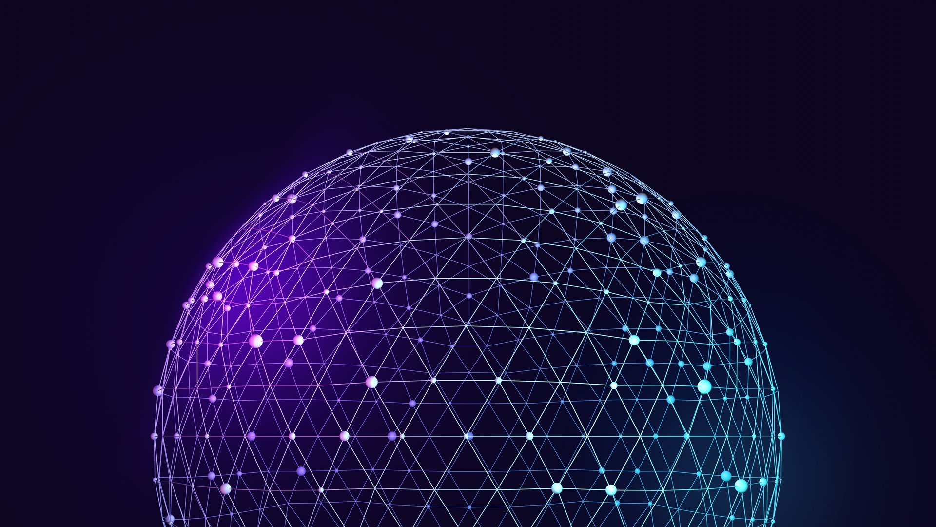 Abstract globe mesh partially shown from below with glowing points connected by lines representing digital connectivity and global communication systems