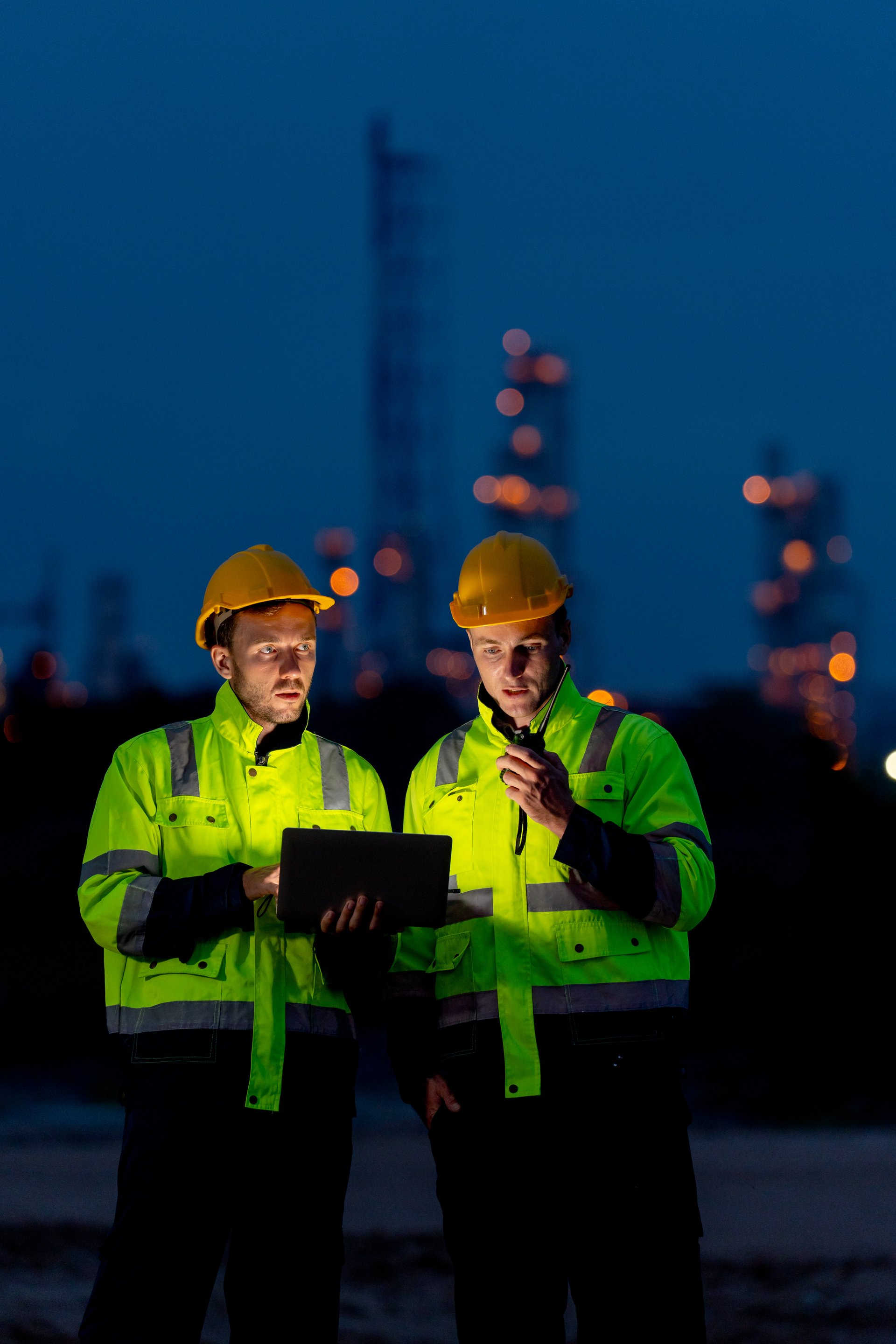 Vertical image of petrochemical workers or technicians using laptop to work at night and stand in front of the factory with light.