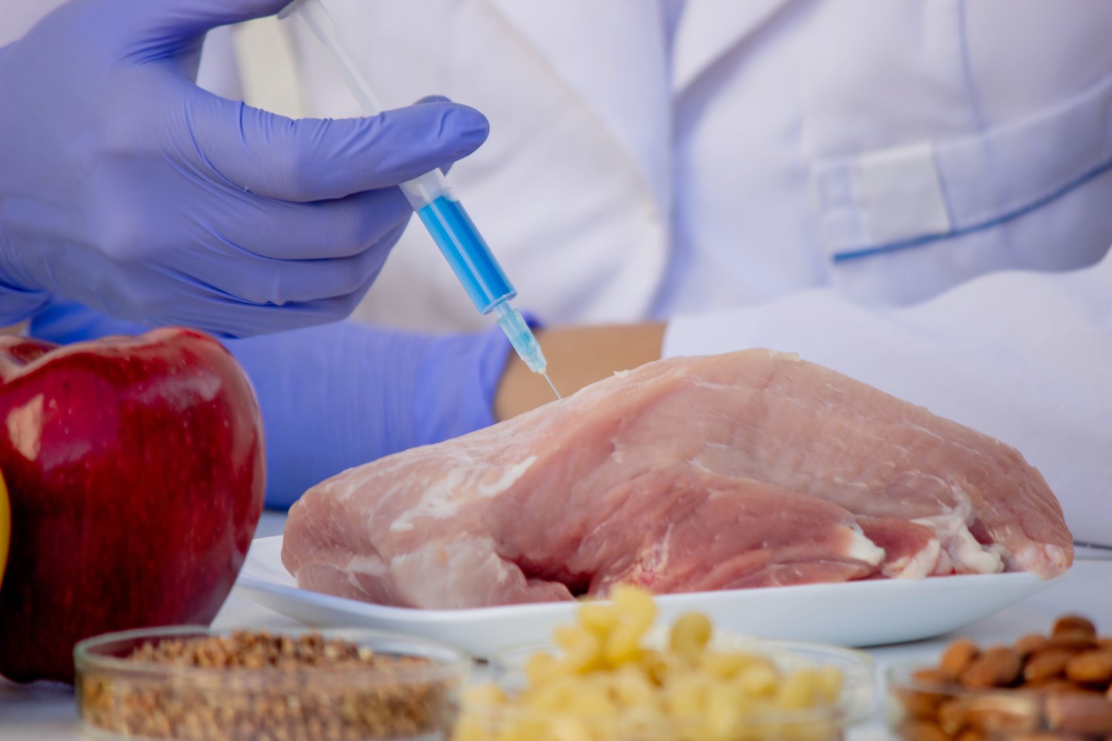 Laboratory research meat analysis. Selective focus.