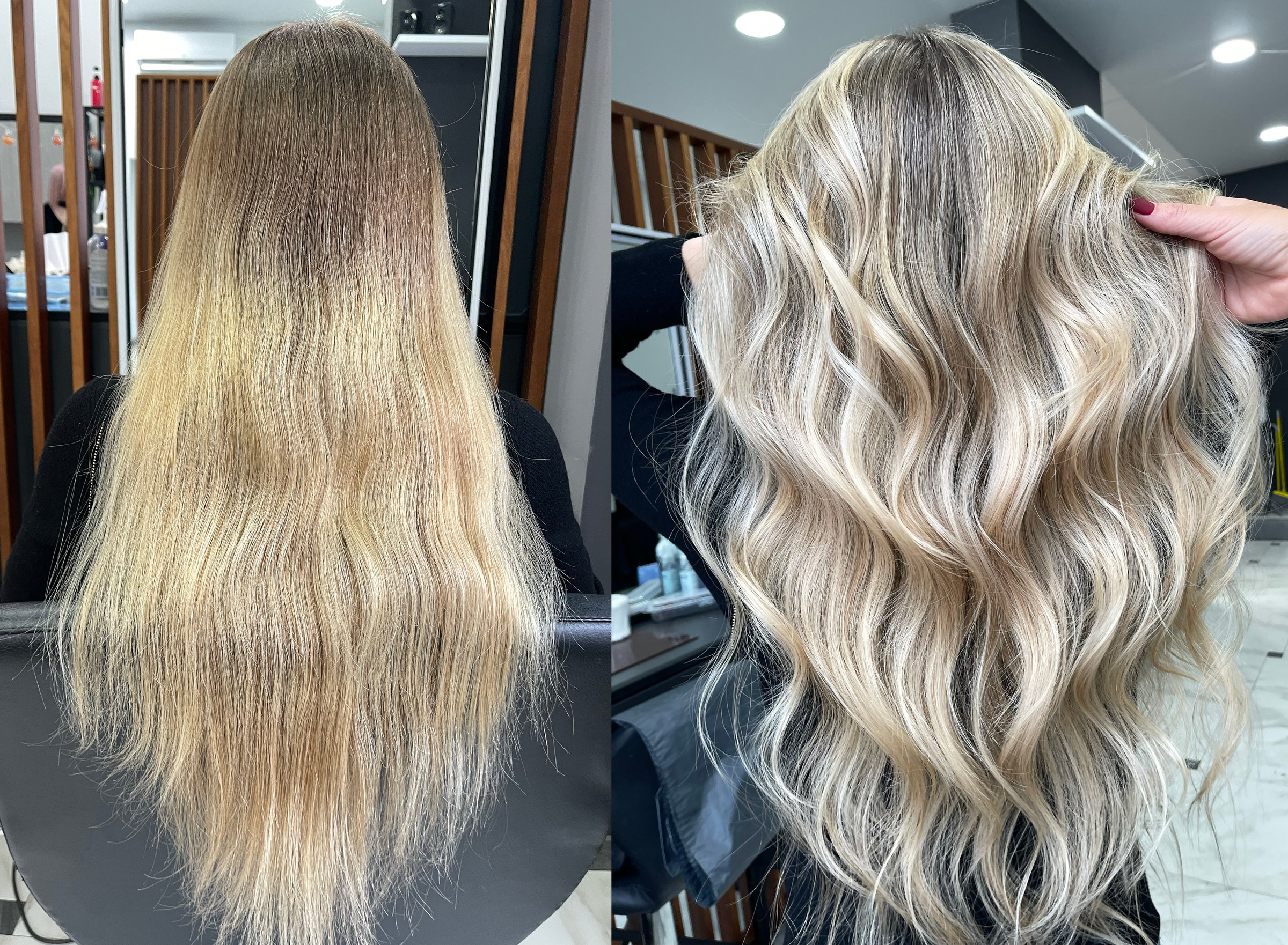 Trendy hair dyeing in air touch or shatush technique. Before and after