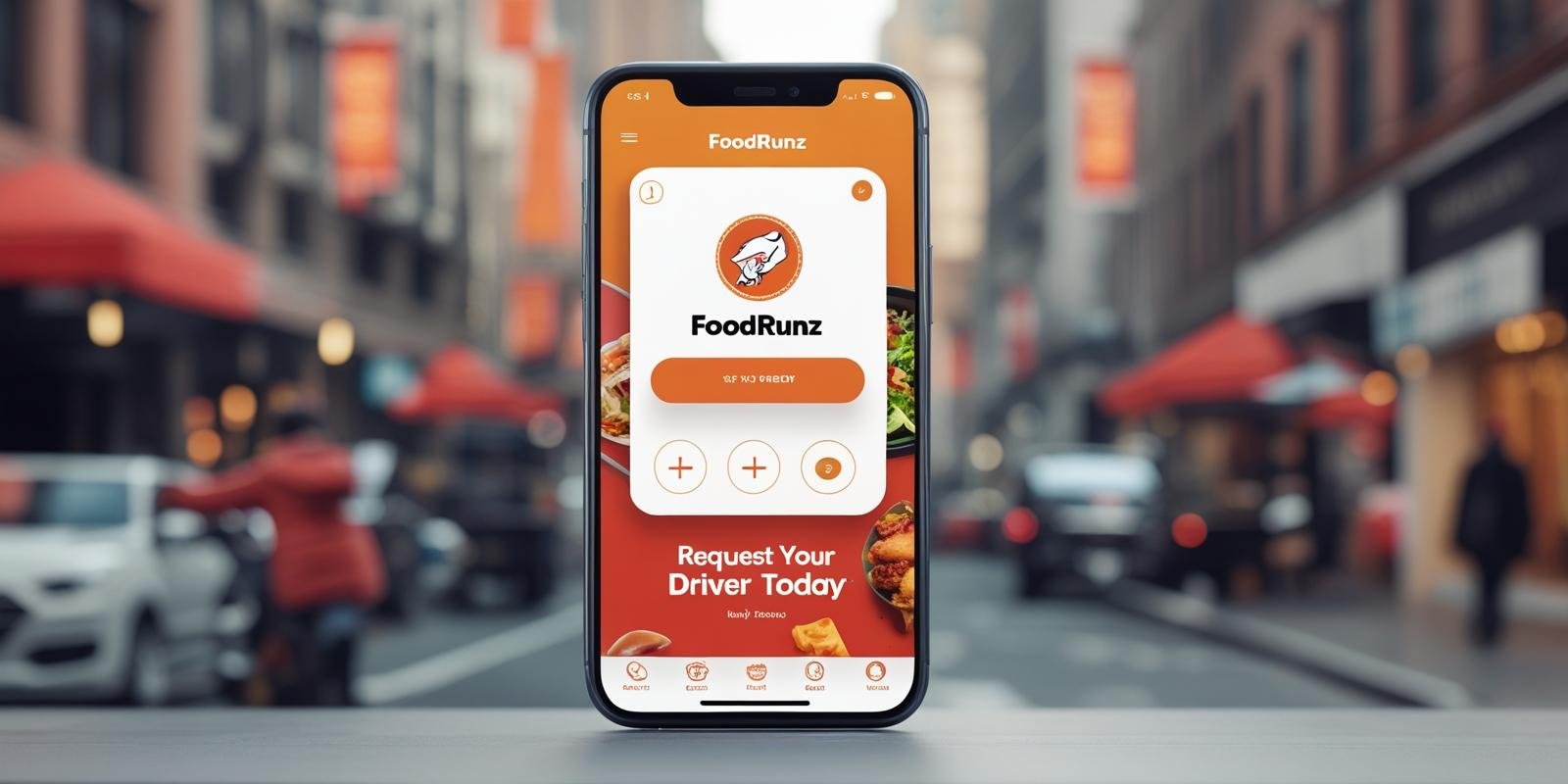 FoodRunz mobile app showing REQUEST YOUR DRIVER TODAY message