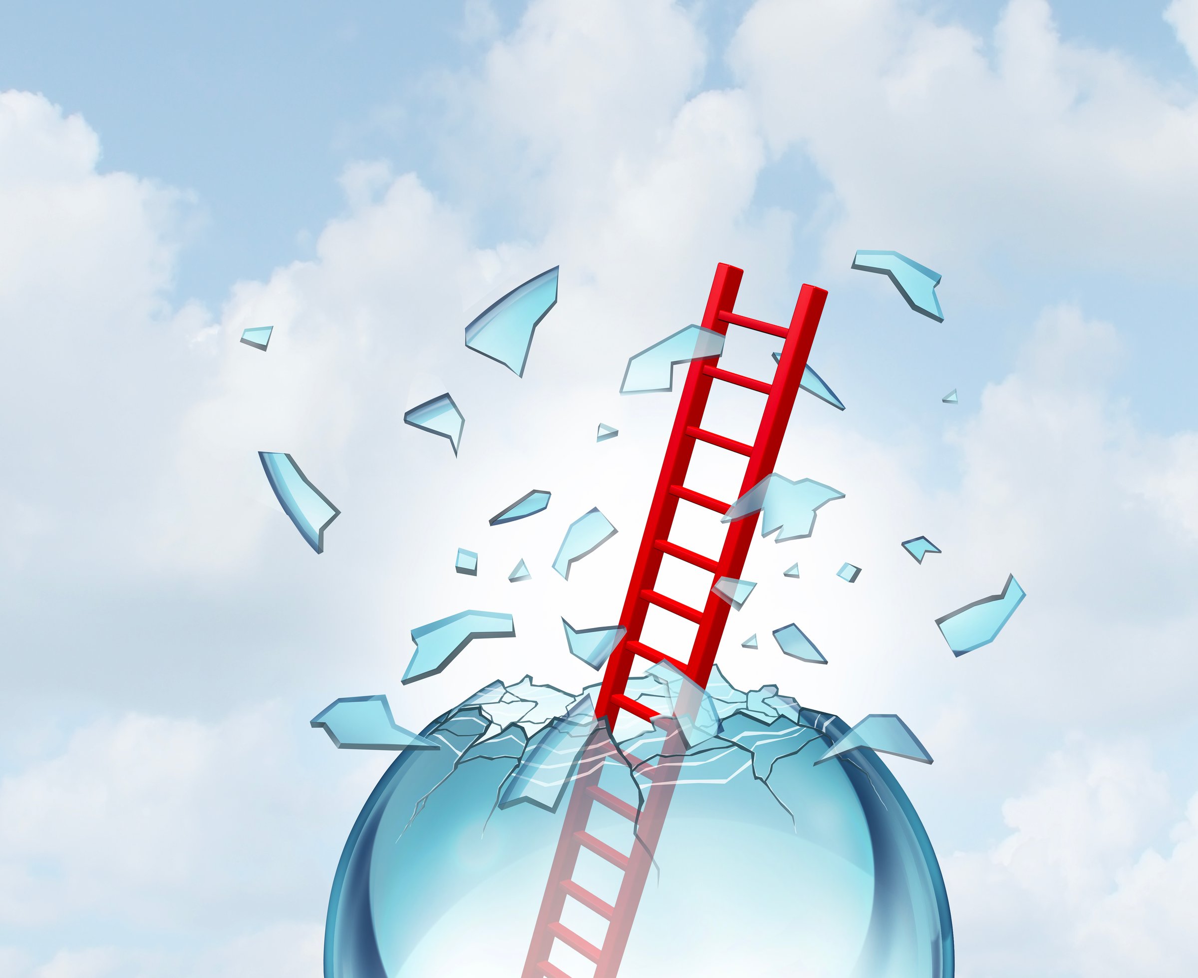 Breaking Glass Ceilings as a ladder of success breaking through an invisible barrier as a symbol of achieving higher goals or limiting career opportunities for social justice and opportunity.