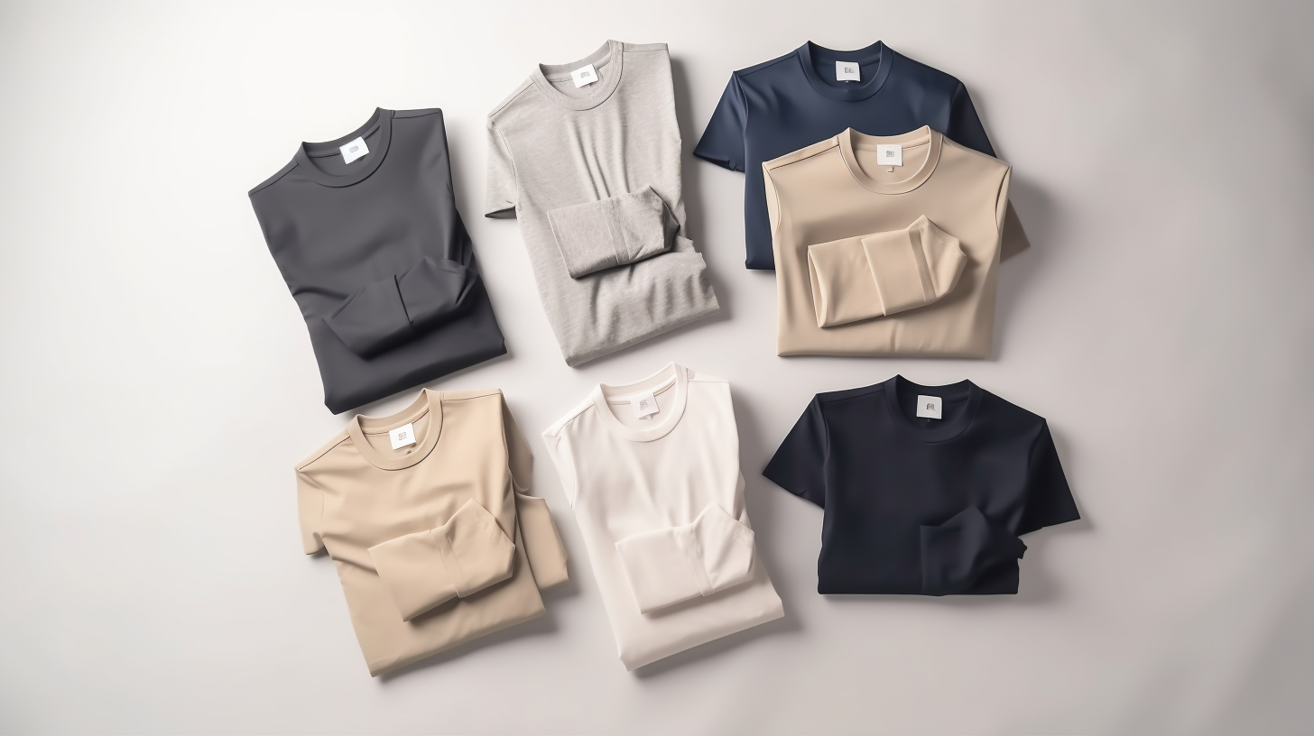 Six neatly folded T-shirts in various neutral colors arranged in two rows on a light background.