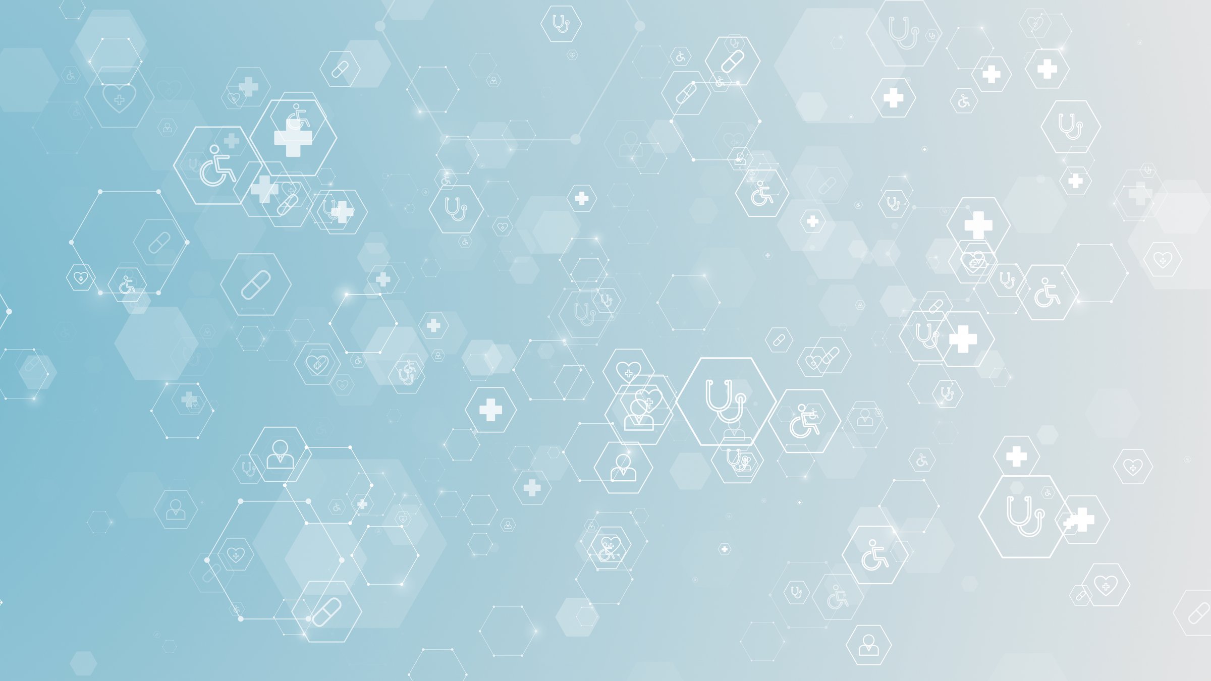 an abstract digital background with a gradient from a light blue to a light gray or white. It is filled with a pattern of interconnected hexagons and other geometric shapes, forming a network-like structure. Inside many of the hexagons are minimalist, white line icons representing various healthcare and medical concepts.