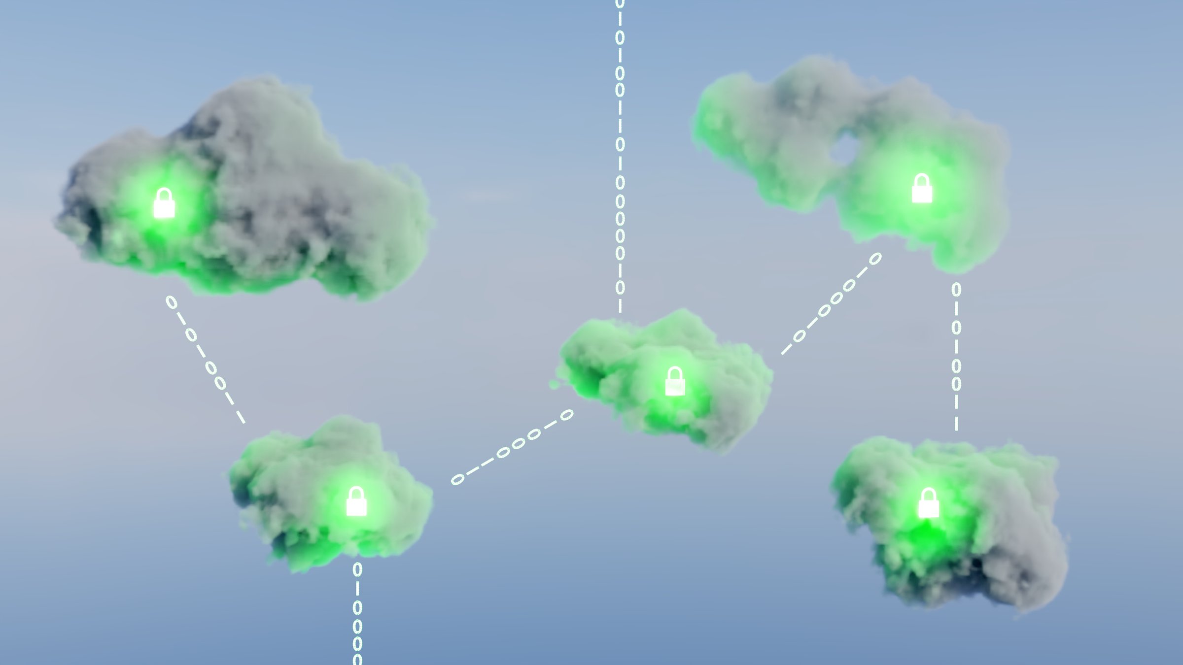 3D illustration of clouds with a secured locks and flowing binary codes, symbolizing cloud data security. The design represents encryption, protection, and the seamless yet fortified nature of digital storage in the cloud.