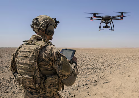 Soldier in desert gear operating a drone with a tablet in a barren landscape under a clear blue sky.