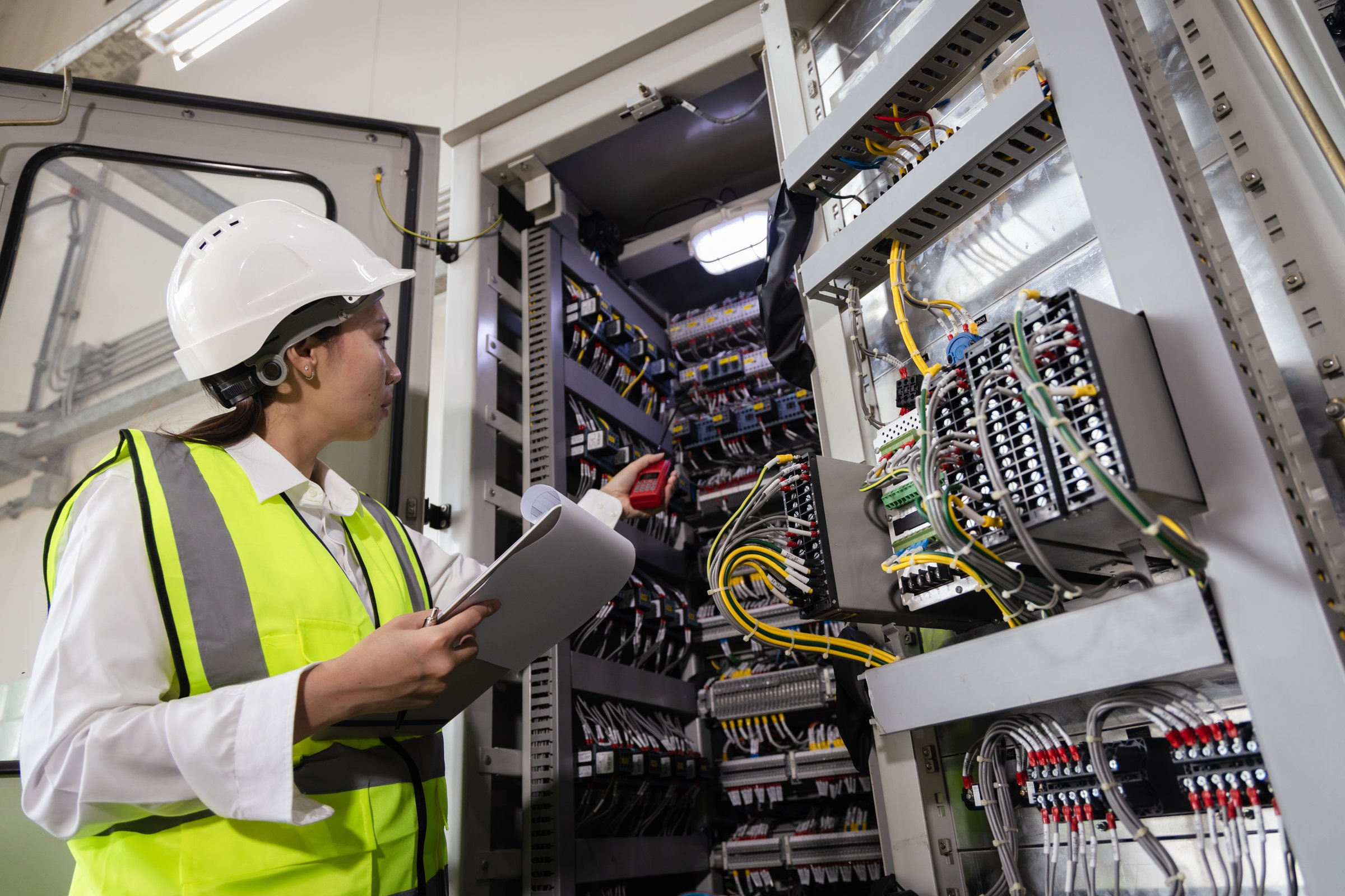 workplace safety, communication, industrial maintenance, Female engineer in safety helmet and reflective vest using a walkie-talkie while inspecting electrical control panel with checklist