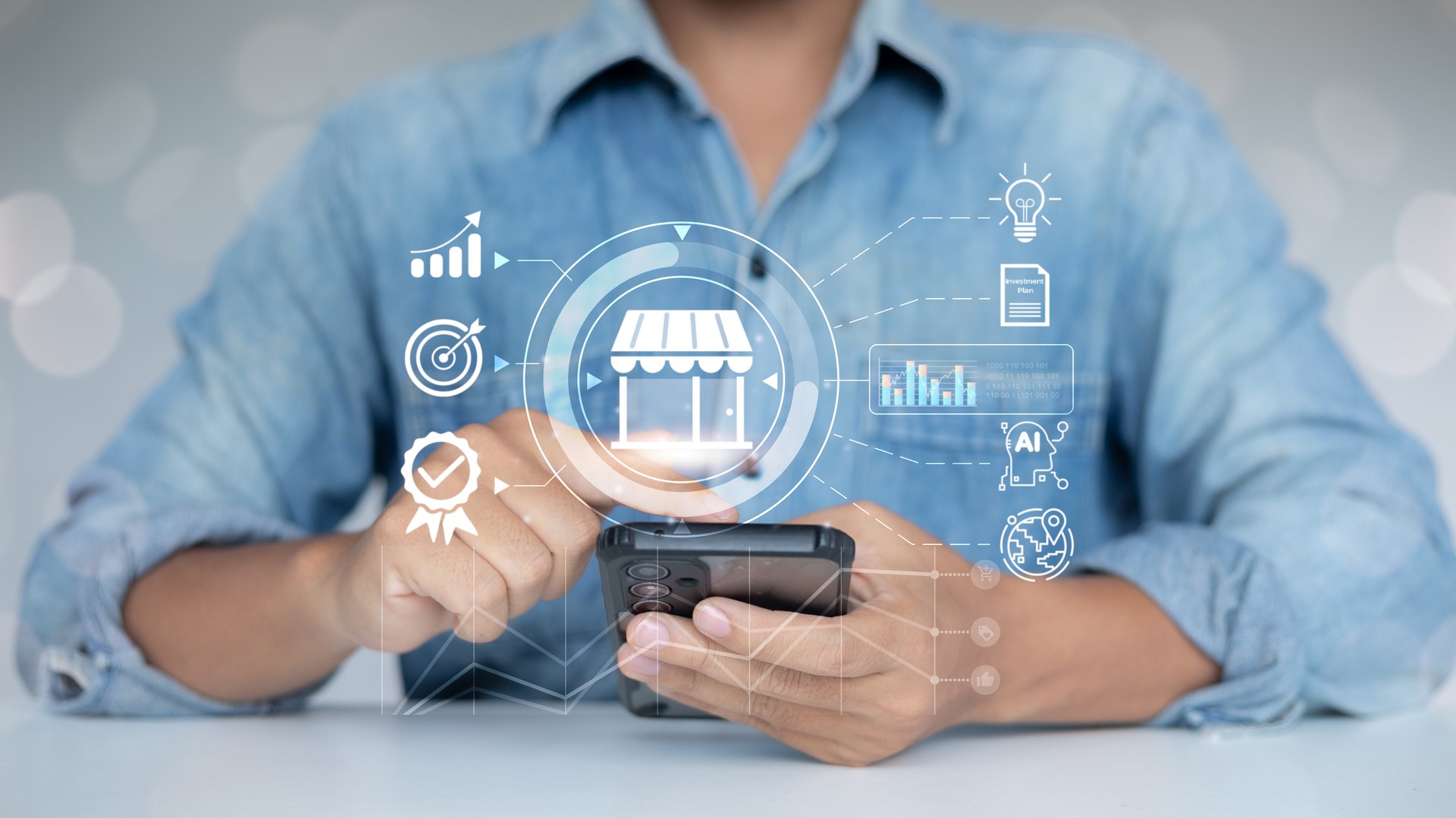 A man using a smartphone with virtual icons showing an online store, marketing strategy, investment plan, and AI, representing digital marketing and e-commerce business growth.