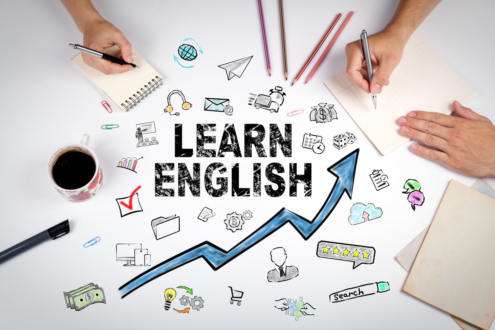 Learn English Concept. Education and career opportunities. The meeting at the white office table