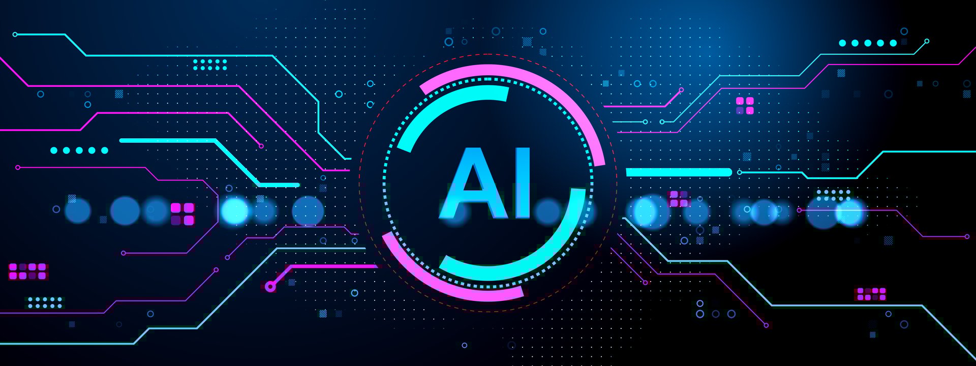 Futuristic AI interface with glowing neon circuits and abstract tech elements on a dark background, concept of artificial intelligence. 3D Rendering