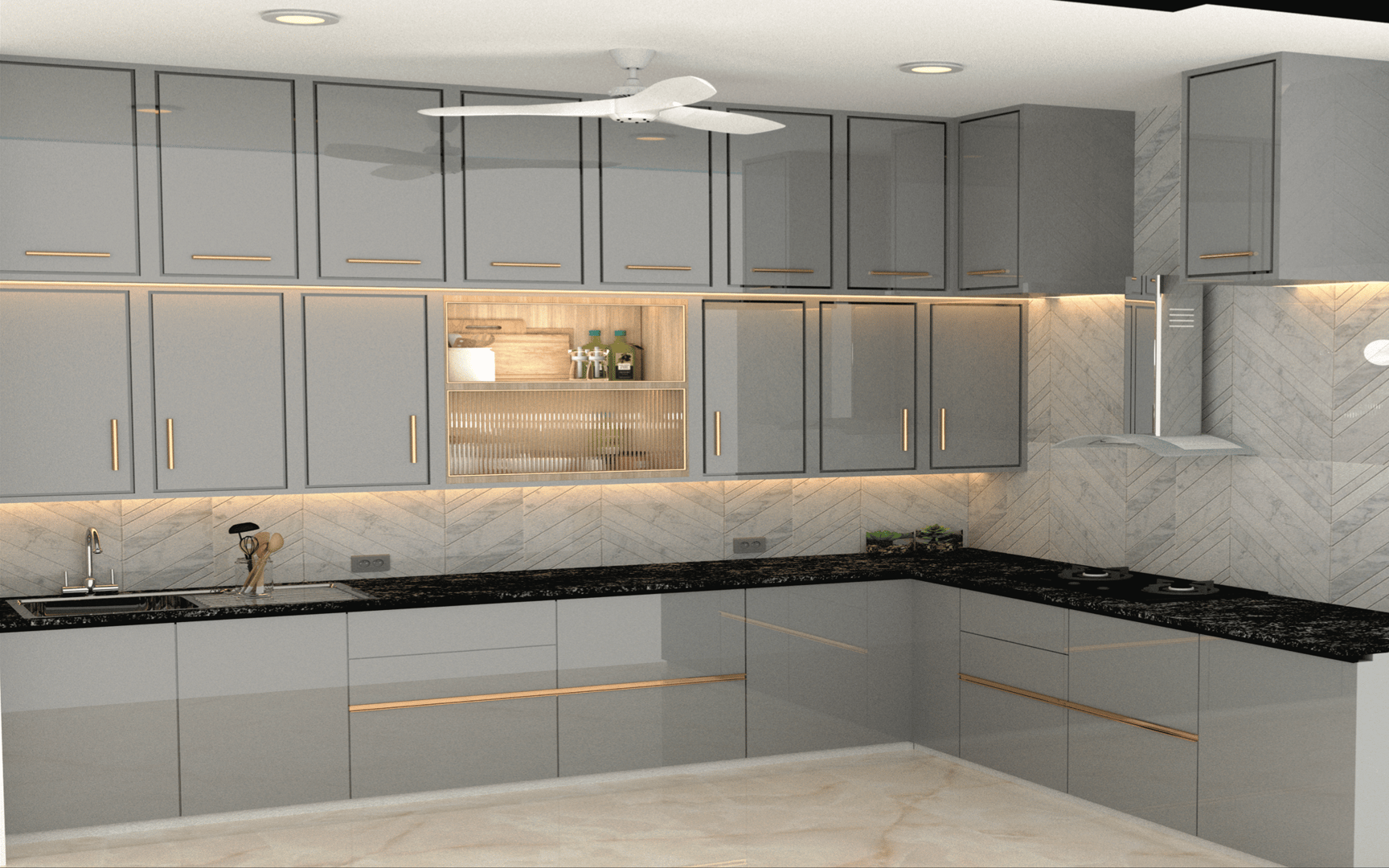 Modern kitchen with gray cabinets, black countertops, herringbone backsplash, and under-cabinet lighting.