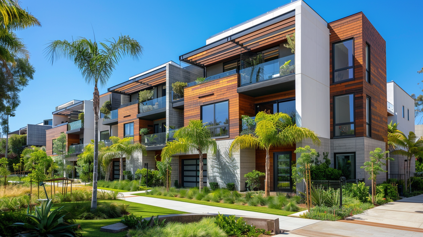 Modern three story townhomes and palm trees in Playa Vista Los Angeles near The Runway