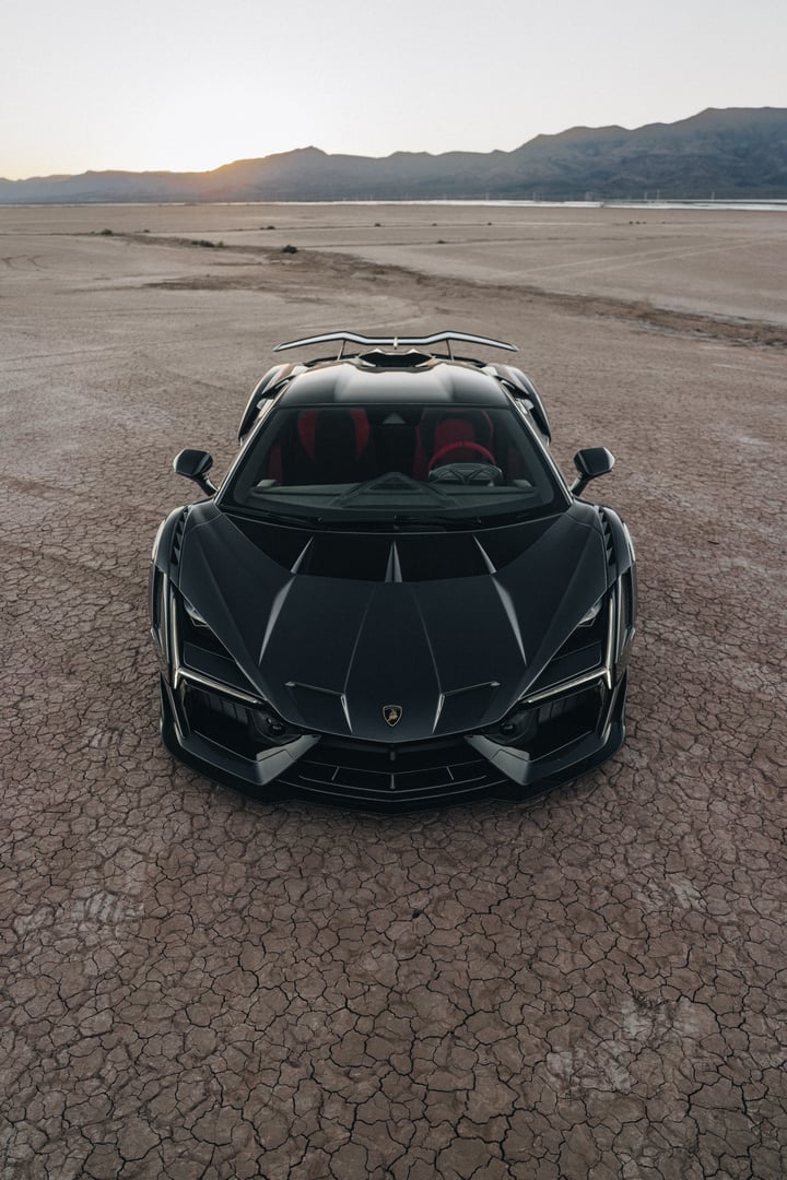Las Vegas, Nevada, USANovember 10, 2025Black Lamborghini Revuelto parked in the desert showing the front of the car