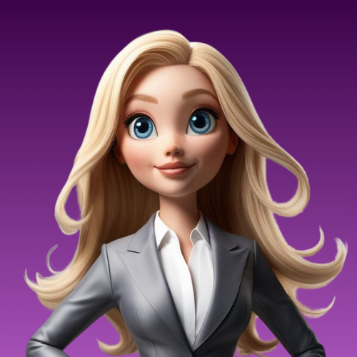 Animated character with long blonde hair, wearing a gray blazer and white shirt, stands against a purple background.