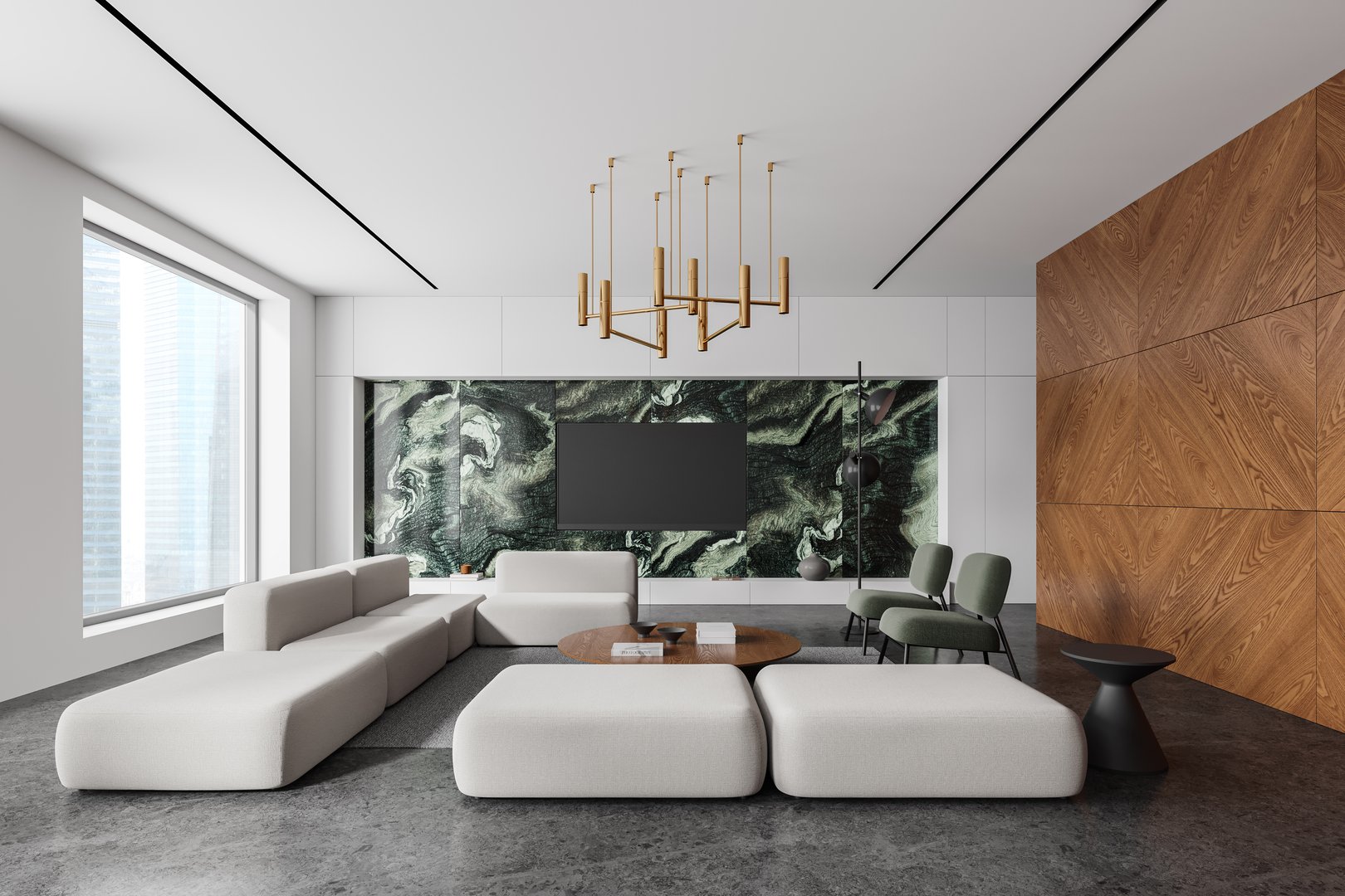 Modern hotel waiting area with stylish furniture, contemporary art on the wall, and wooden accents, concept of luxury. 3D Rendering