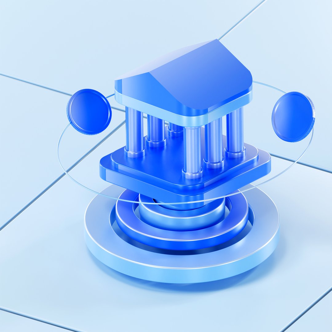 3D render of a blue classical bank building with columns in a futuristic digital space