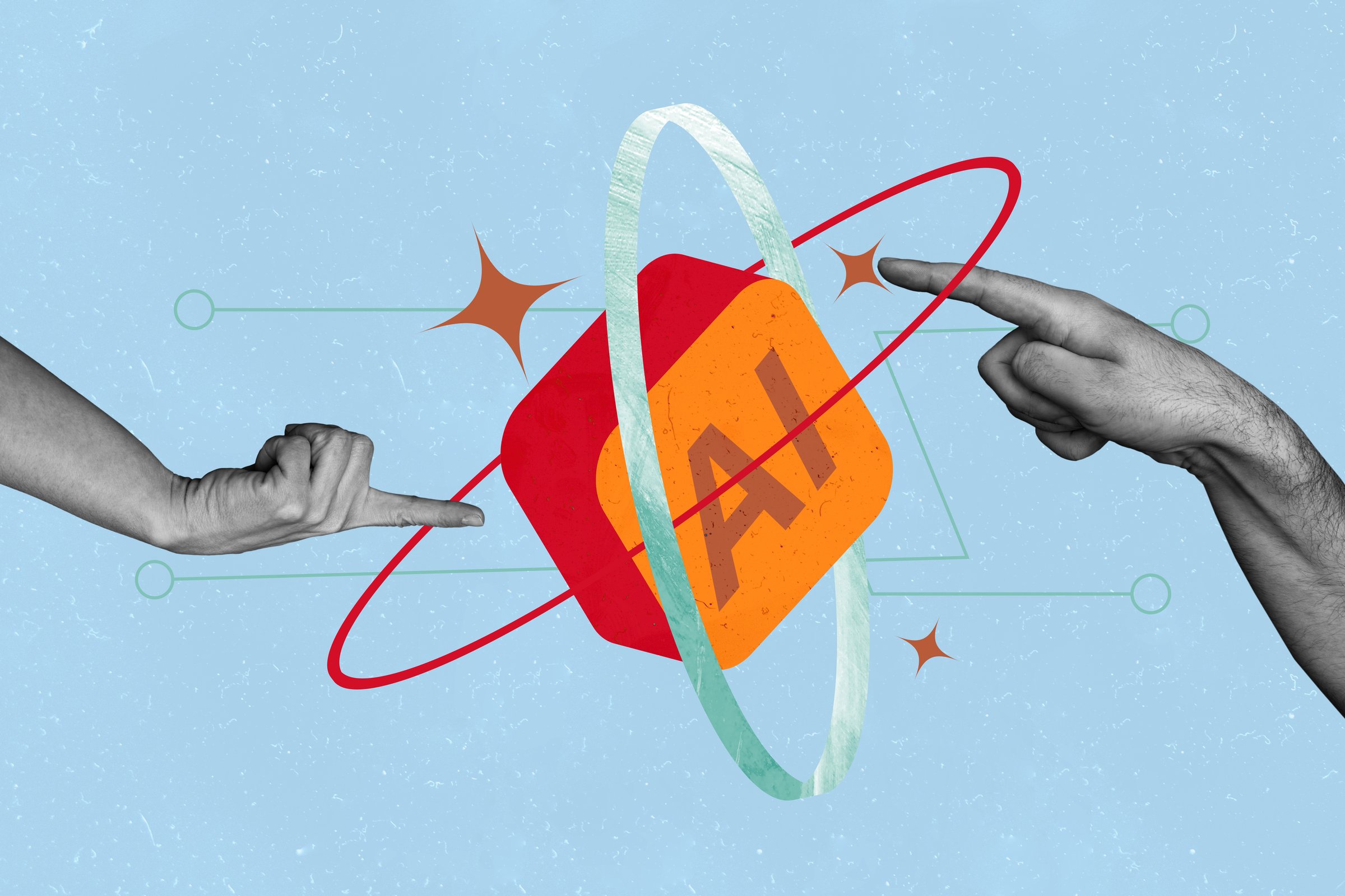 Creative full artwork collage of hands point index finger artificial intelligence app software innovation modern cyber icon.