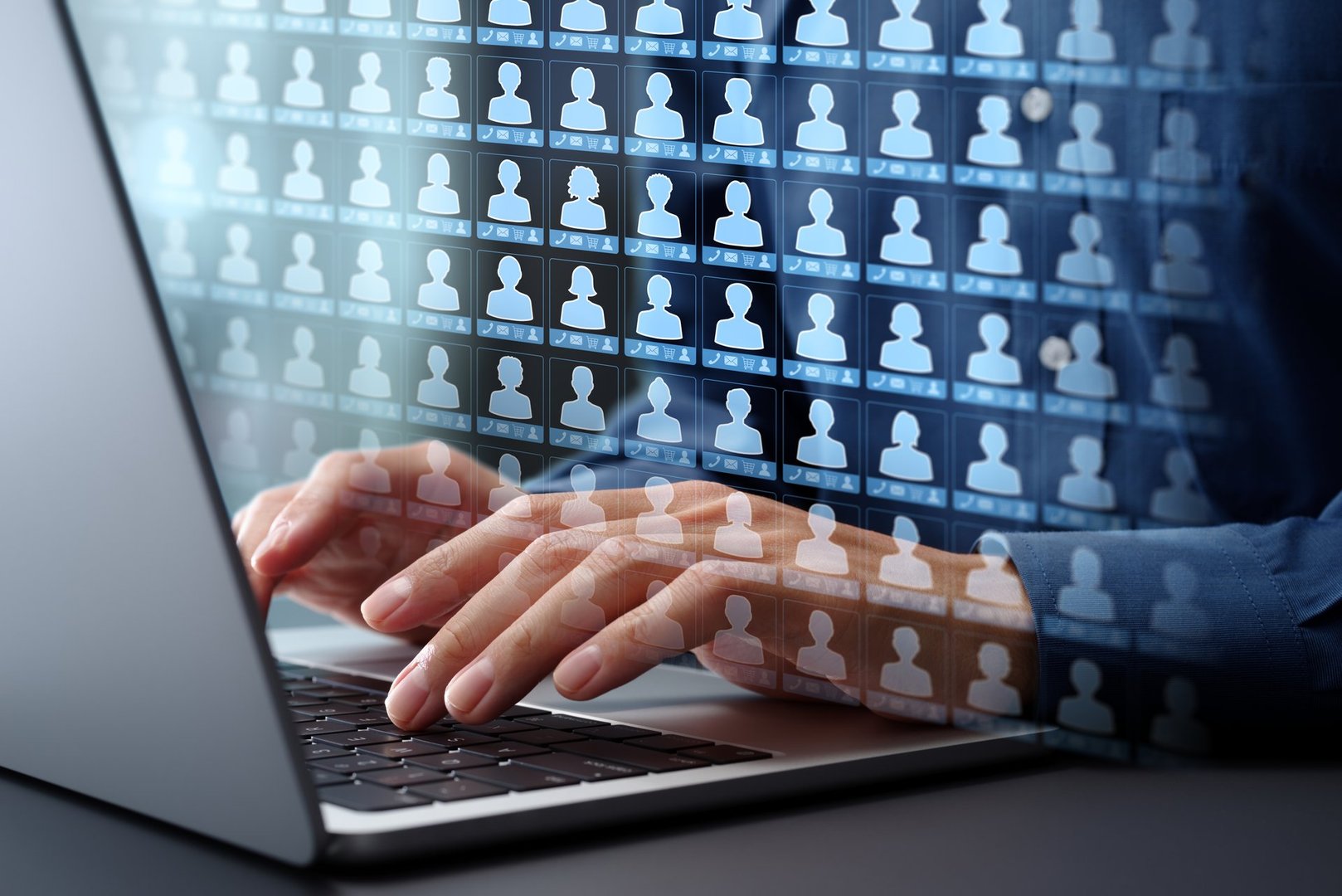 Customer list and information management CMS. Accessing client data collection system. Businessman typing on laptop computer keyboard at desk in office.