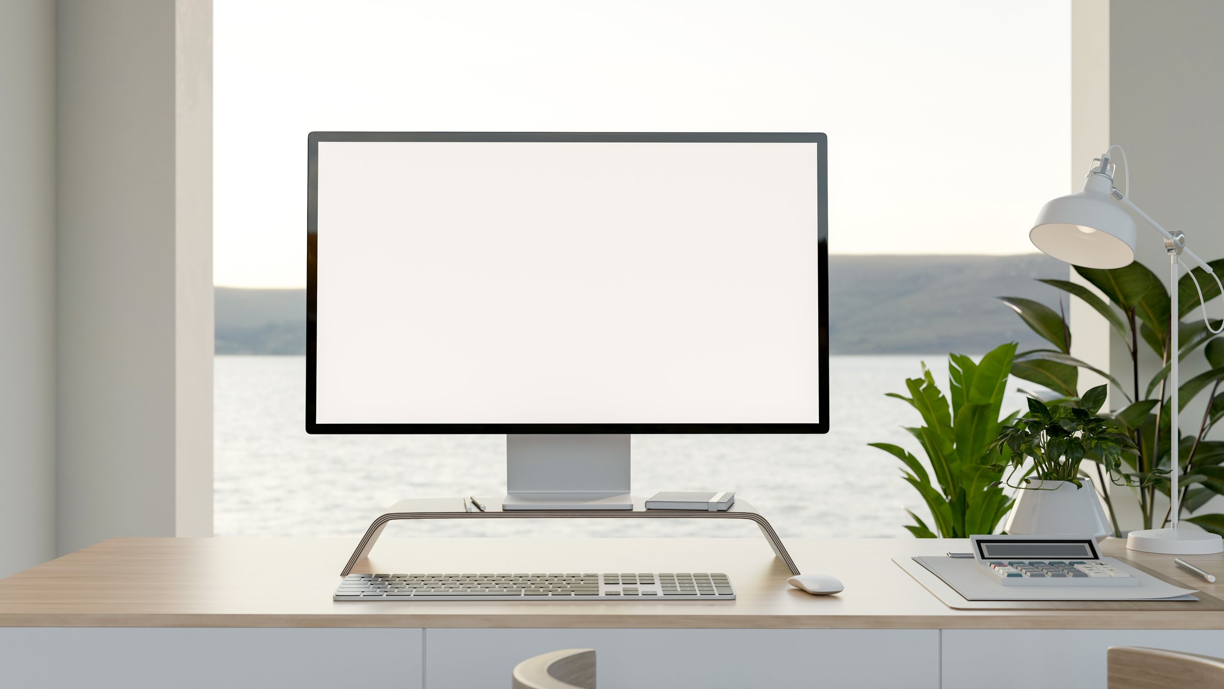 White screen laptop and calculator aside lamp on wooden table beside glass window wall and sea view. Desk Setup, Mockup, 3D rendering, 3D Illustration.