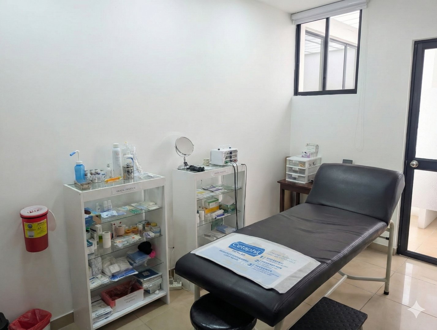Interior of beautician cabinet with modern cosmetology equipment for skincare rejuvenation treatment and salon chair. Radiofrequency microneedling device, patient daybed and laser machine in clinic.