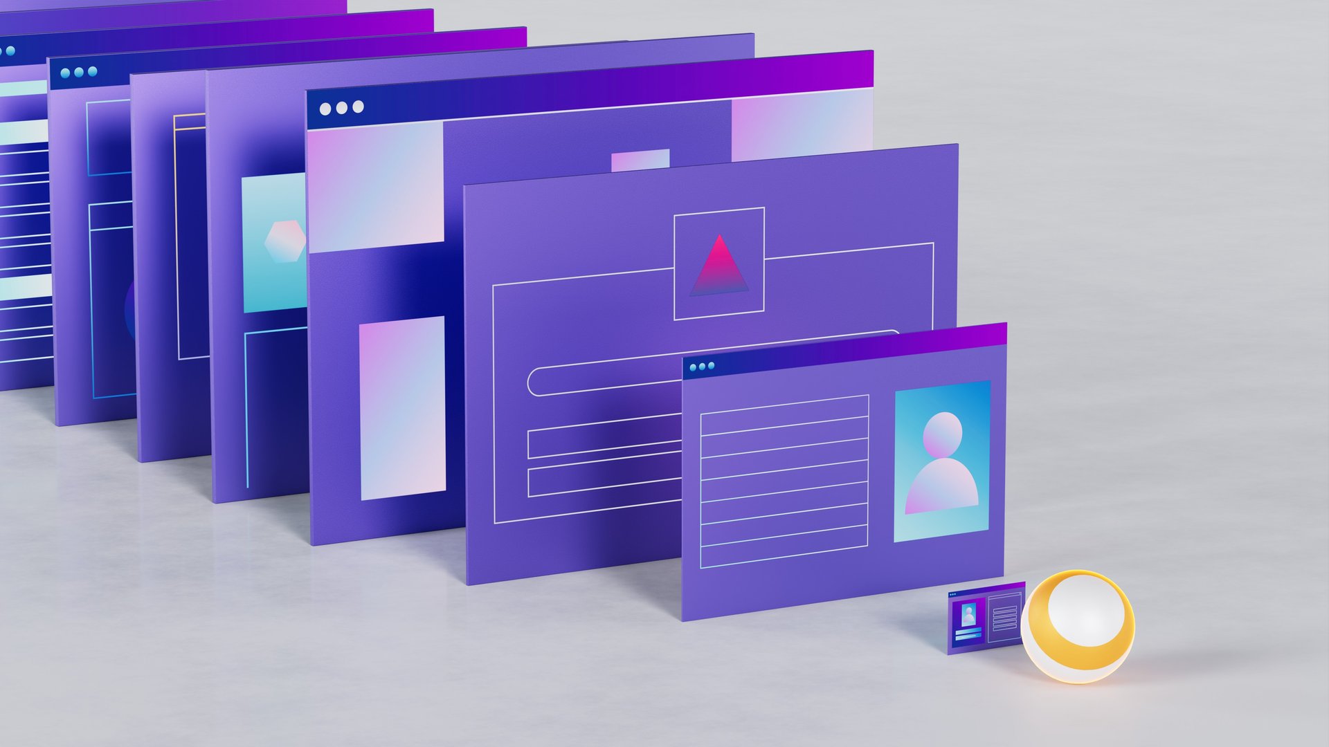 Abstract 3d windows with user interfaces. Business concept of user interaction with web application. 3d illustration