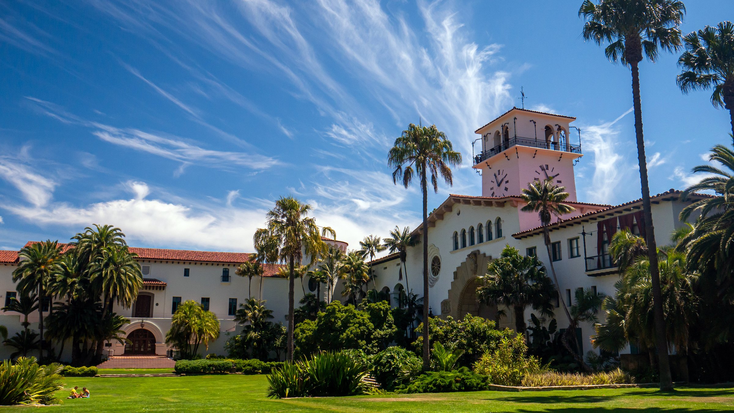 The Santa Barbara Courthouse and Clock Tower rear exterior in Santa Barbara, California, a building with Spanish Colonial Revival architecture and a landmark in southern California.