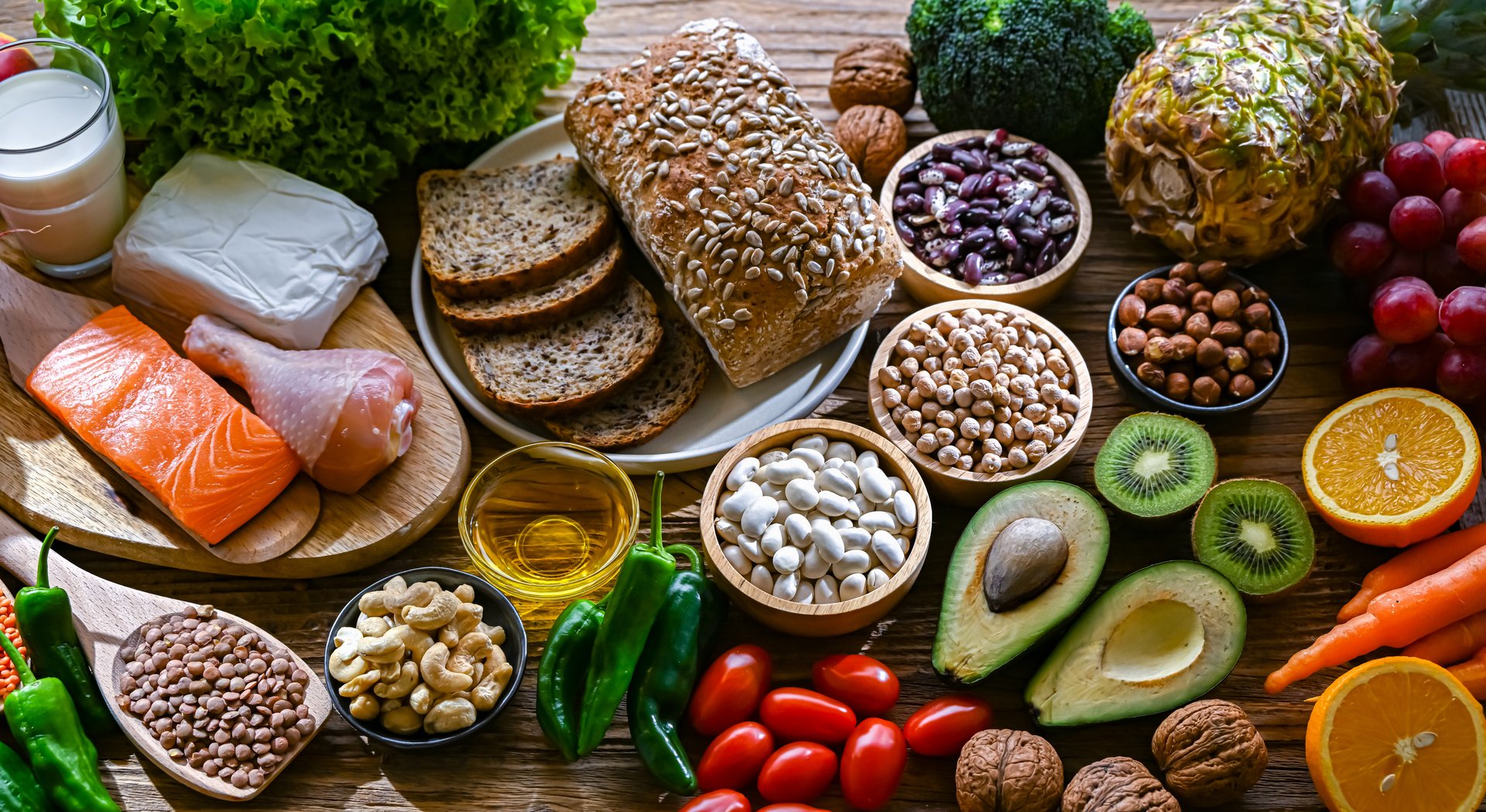 Food products representing the DASH diet which was created to help lower high blood pressure