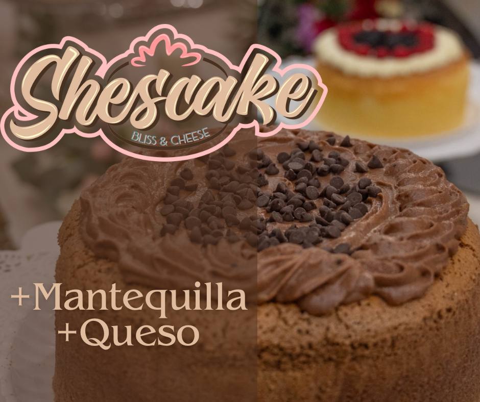 Two cakes displayed with a "Shescake Bliss & Cheese" logo; one chocolate with chips, the other vanilla with fruit topping.