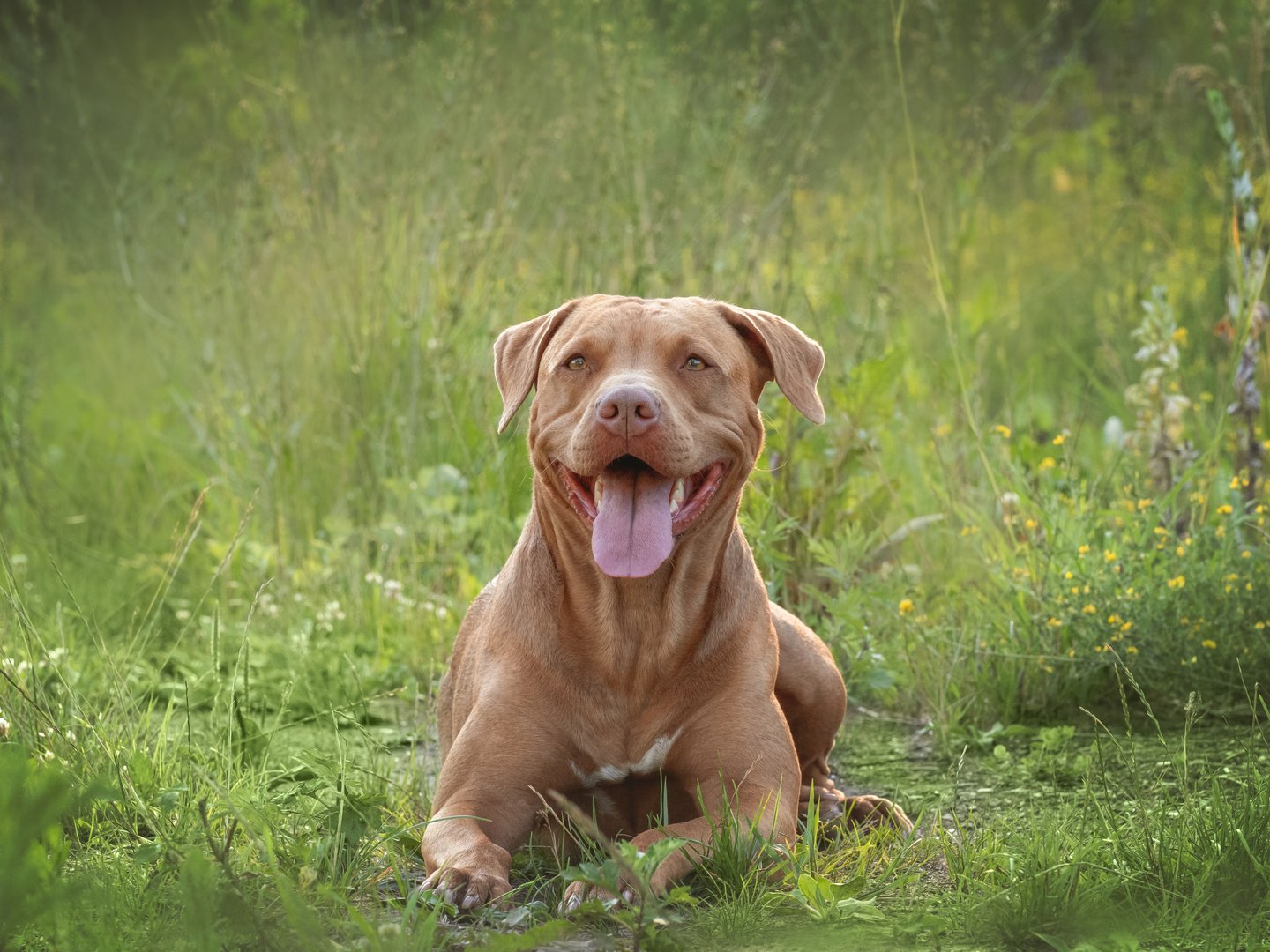 Cute dog walks in a meadow on green grass. Close-up, outdoor. Day light. Concept of care, education, obedience training and raising pets
