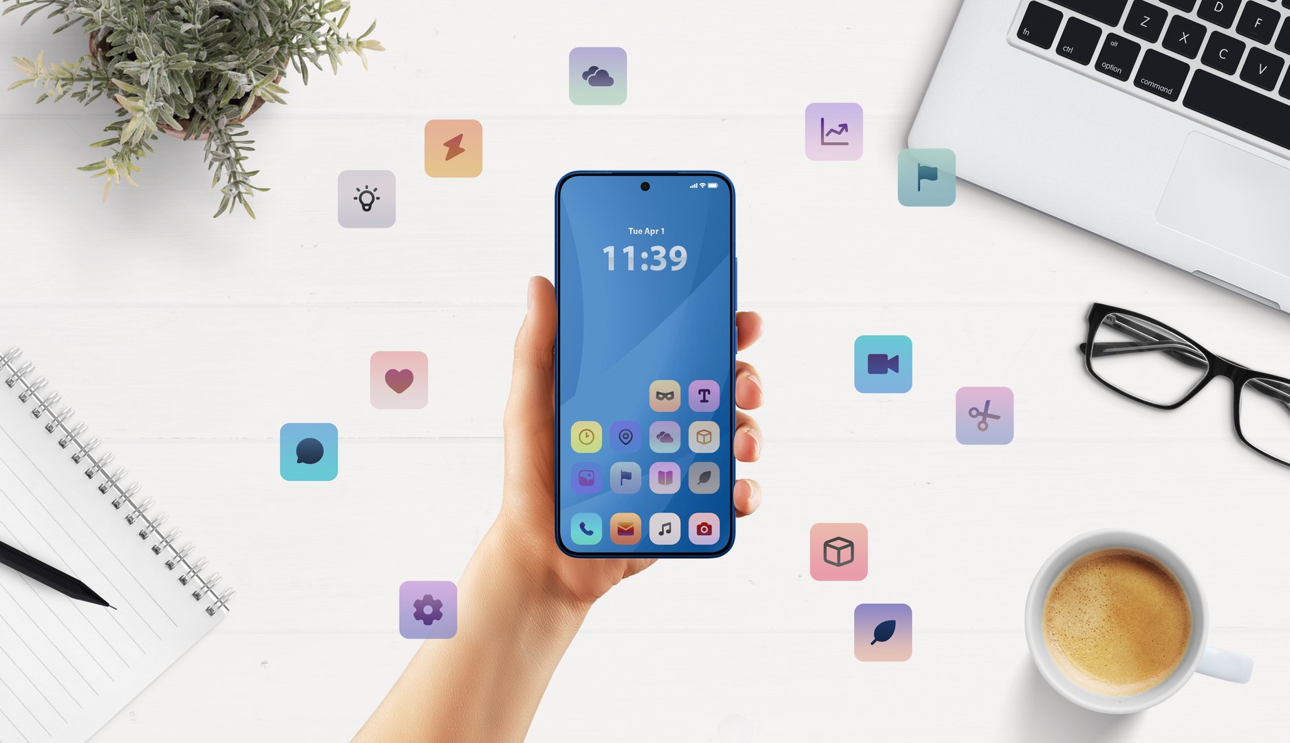 Clean smartphone mockup in modern office setup with floating apps suggests versatile business or developer UI tools
