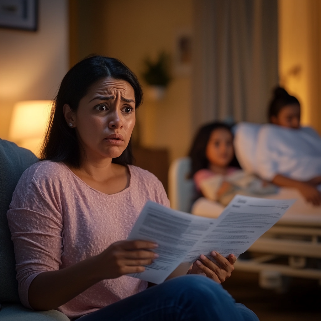A worried woman holds documents while sitting, with two children on a bed in the background, in a dimly lit room.