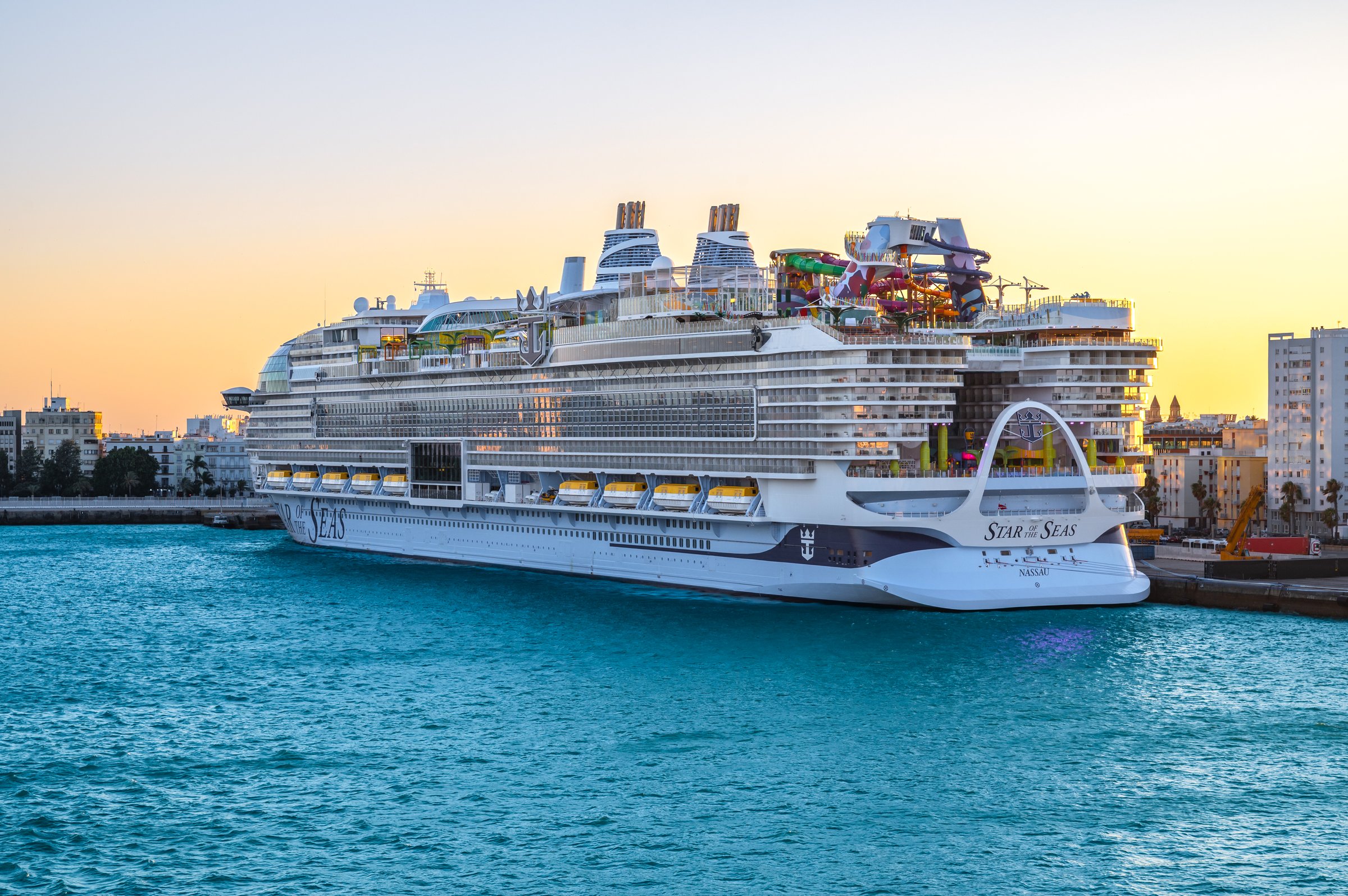 Cadiz, Spain - July 25, 2025: RCL Cruise Ship Star of the Seas in Port of Cadiz at Sunset. Largest and Newest Icon-Class Family Cruise Ship of Royal Caribbean International.