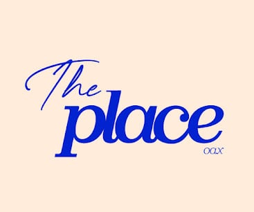 Logo with the words 'The place oax' in blue stylized font on a beige background.