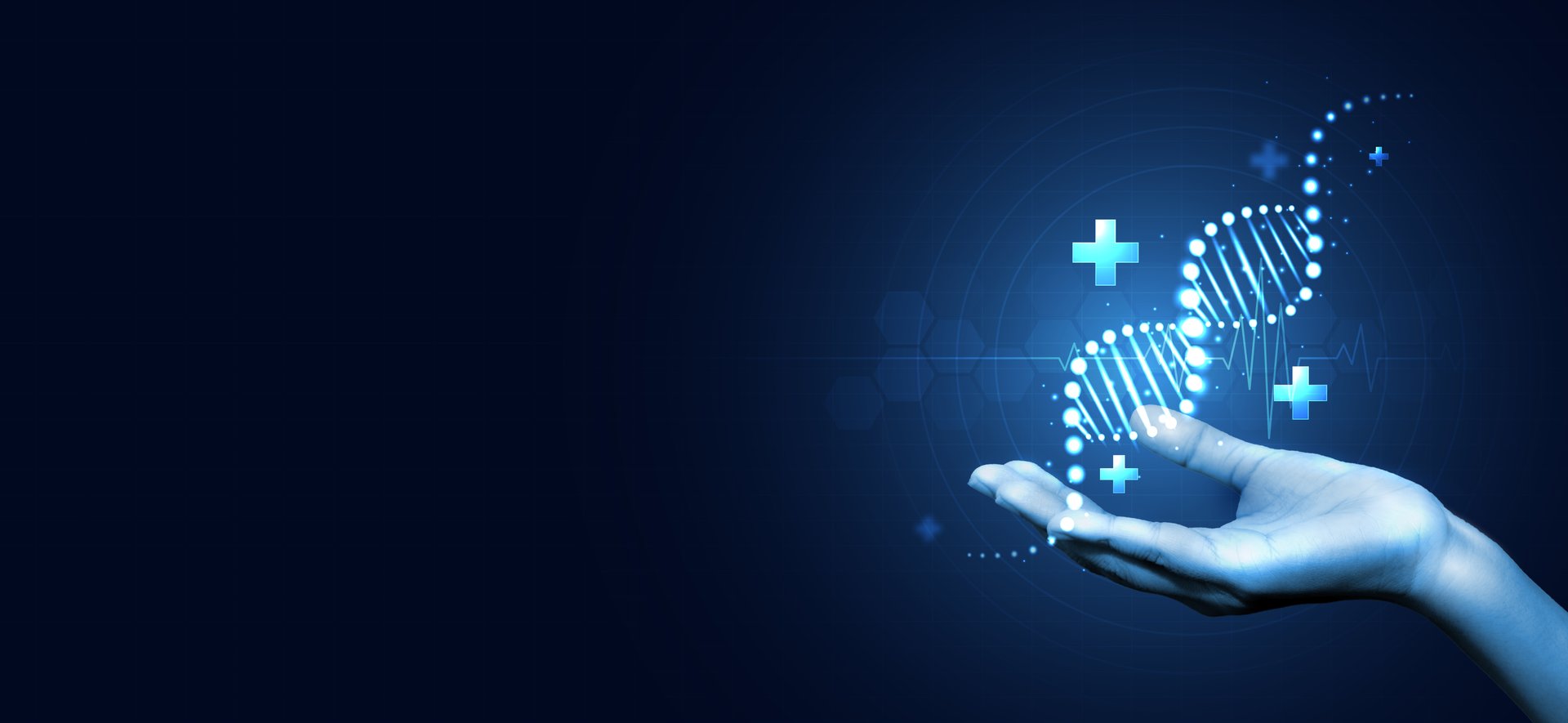 DNA for presenting DNA molecule research. biology, science, innovation, genetic research, science with molecules and atoms. hand with plus and medical icon.