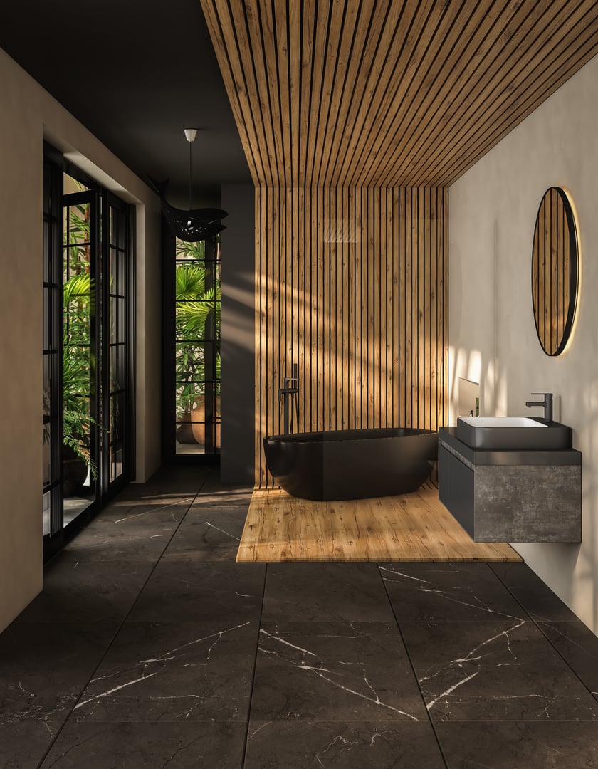A black bathtub sitting on wooden flooring, with two windows opening to a backyard and a black vanity in a modern bathroom with black marble tiles floor. 3d rendering