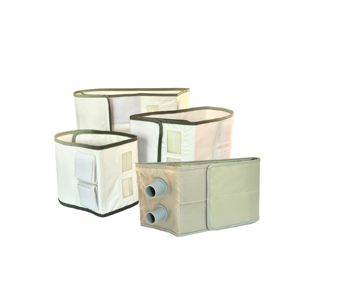 Four rectangular fabric storage containers with various compartments and flaps, featuring handles and tube attachments.