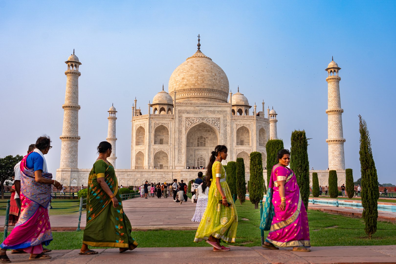 India. Uttar Pradesh state. Agra. Taj Mahal. White marble mausoleum built by the Muslim Mughal emperor Shah Jahan in memory of his wife Mumtaz Mahal. Indian people visit the The Taj Mahal