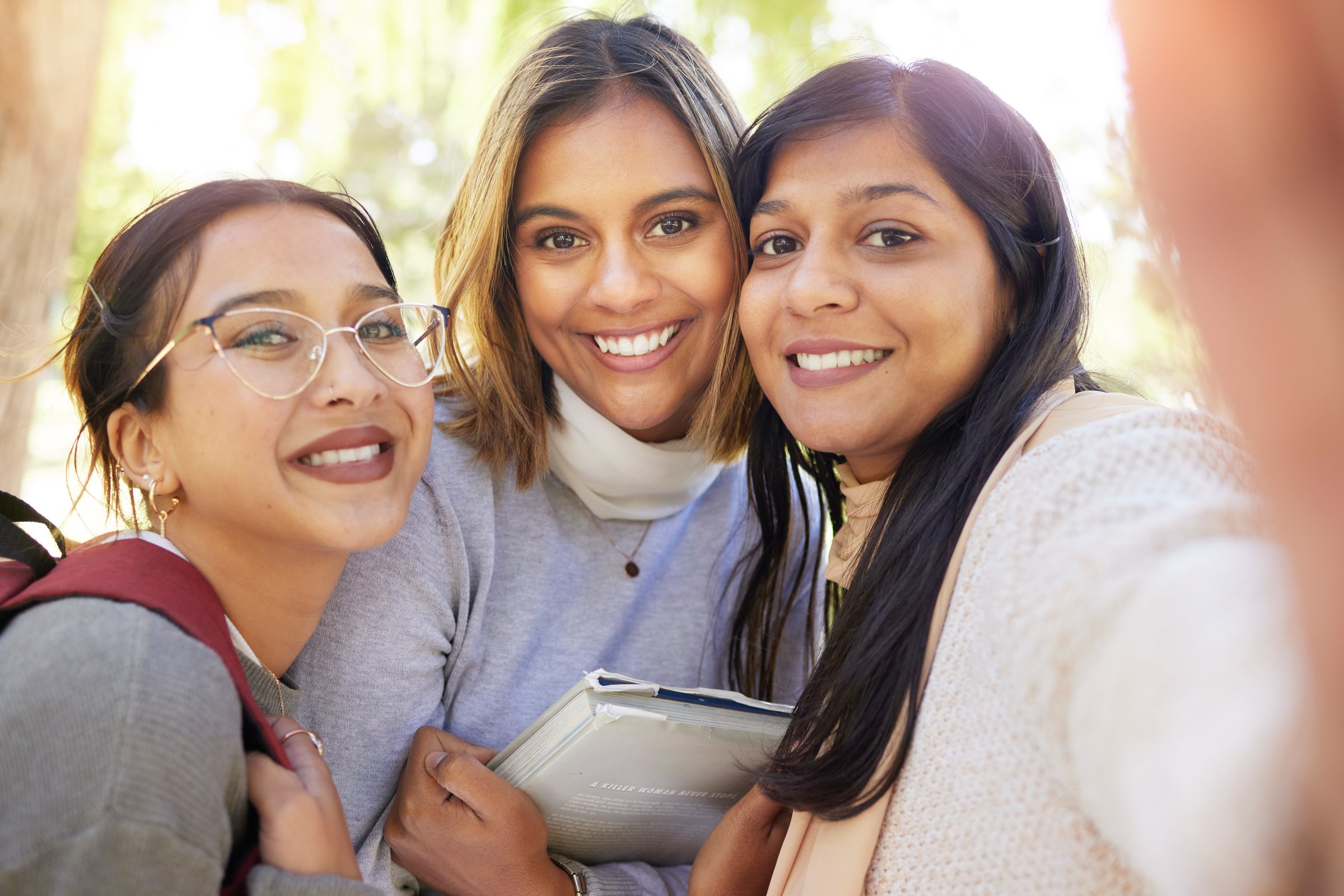 Friends, women and students selfie at university for happy memory