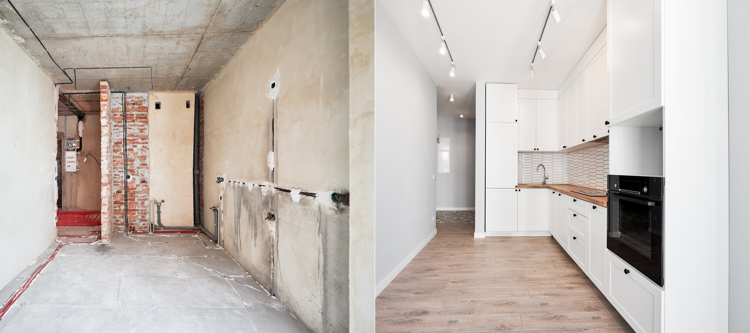 Photo collage of old apartment and new renovated room with parquet floor, kitchen counter, stove and white kitchen furniture. Concept of home renovation, restoration and refurbishment.