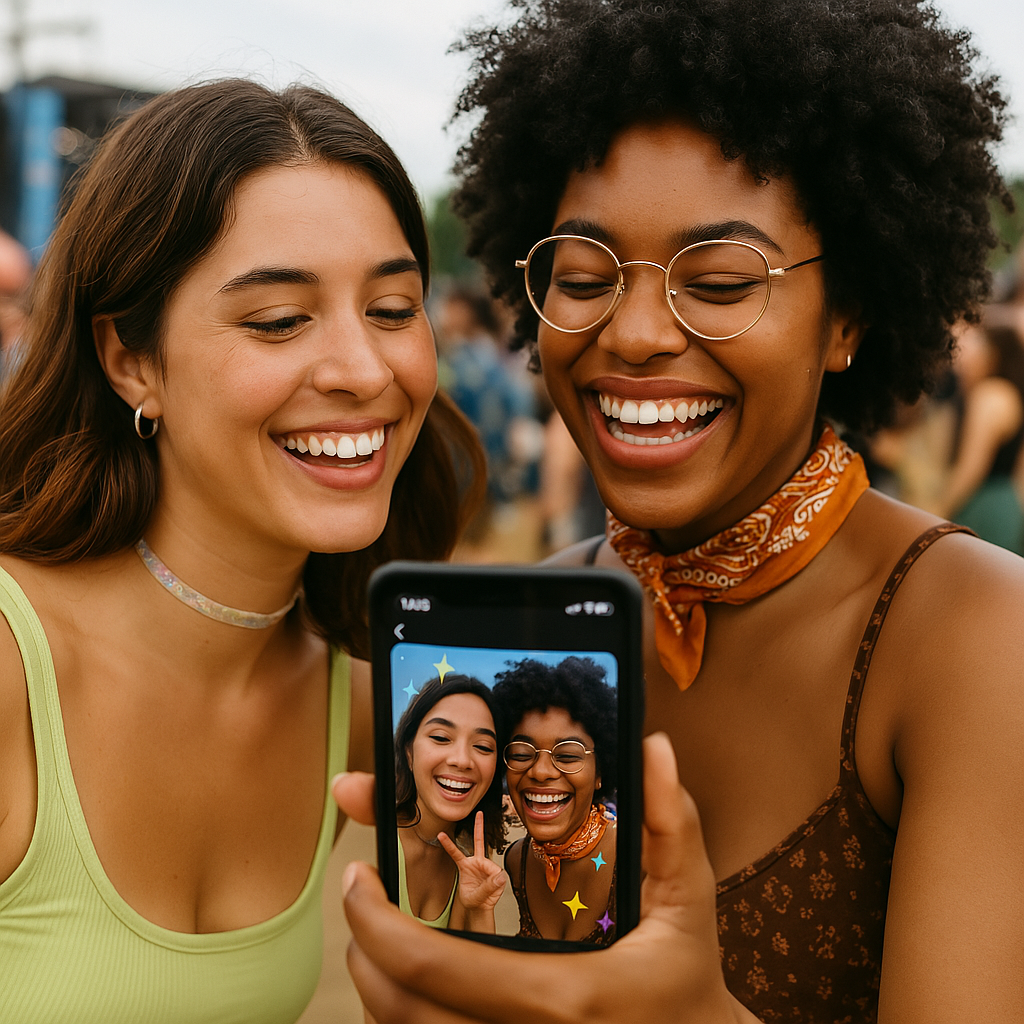Two friends smiling and taking a selfie together at an outdoor event, visible on a smartphone screen.