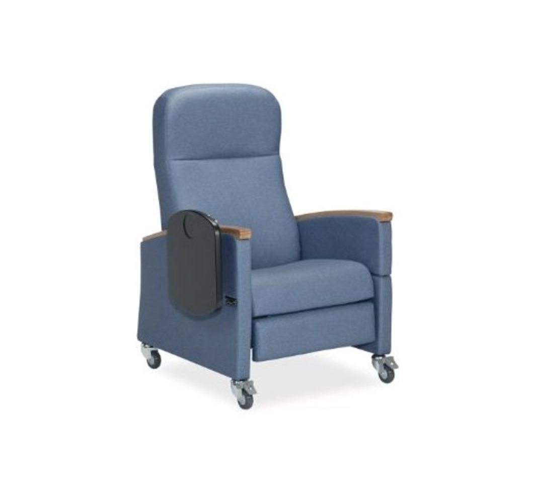 Blue recliner chair with a foldable side tray and wheels on the bottom for mobility.