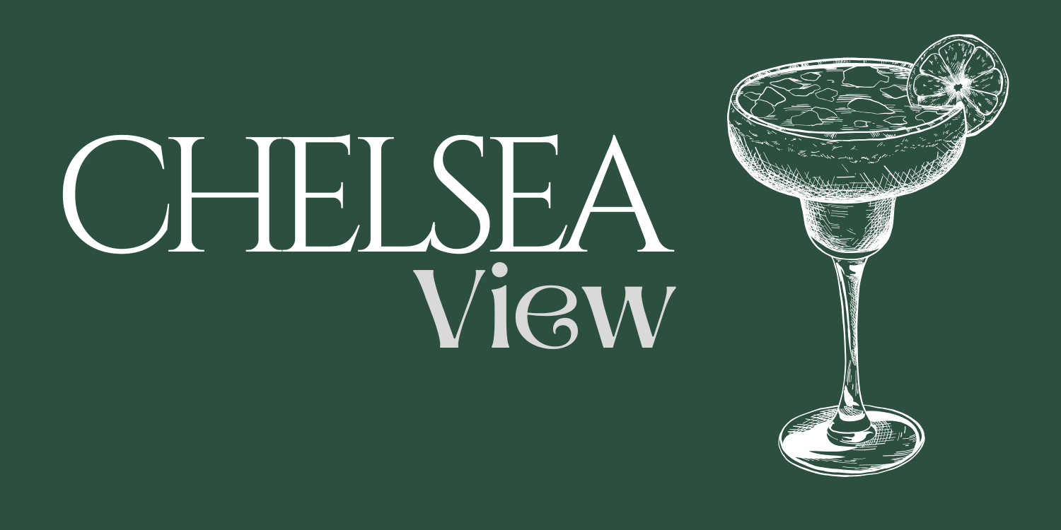 Green background with "Chelsea View" text and a sketch of a cocktail glass with a lime slice.