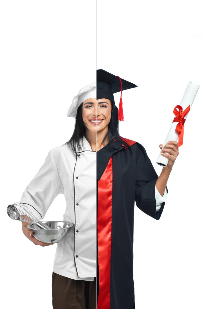 Chef graduate holding diploma, culinary professional celebration
