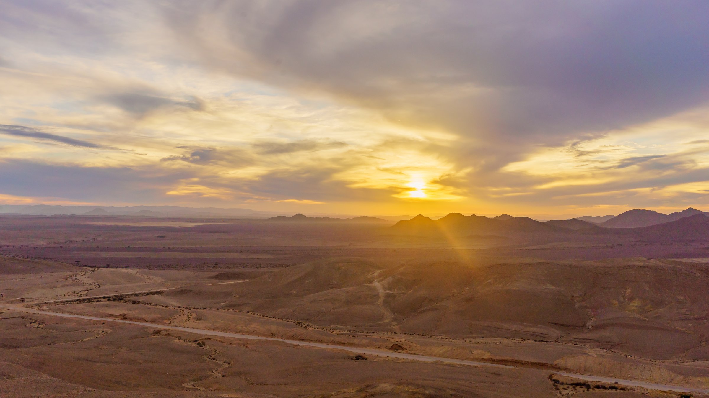 Winter sunset view from Mount Hezekiah with the Egyptian border. Massive Eilat Nature Reserve, southern Israel