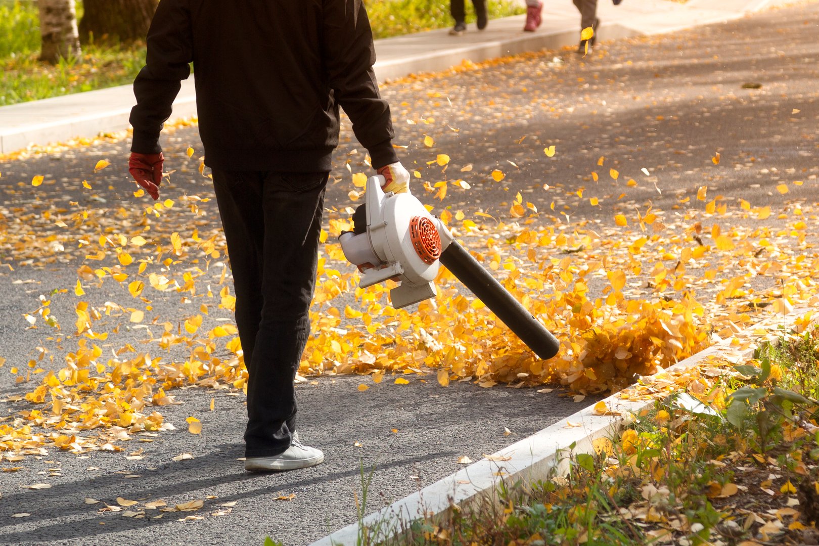 A man, a utility worker, removes leaves from the road with a special device.
