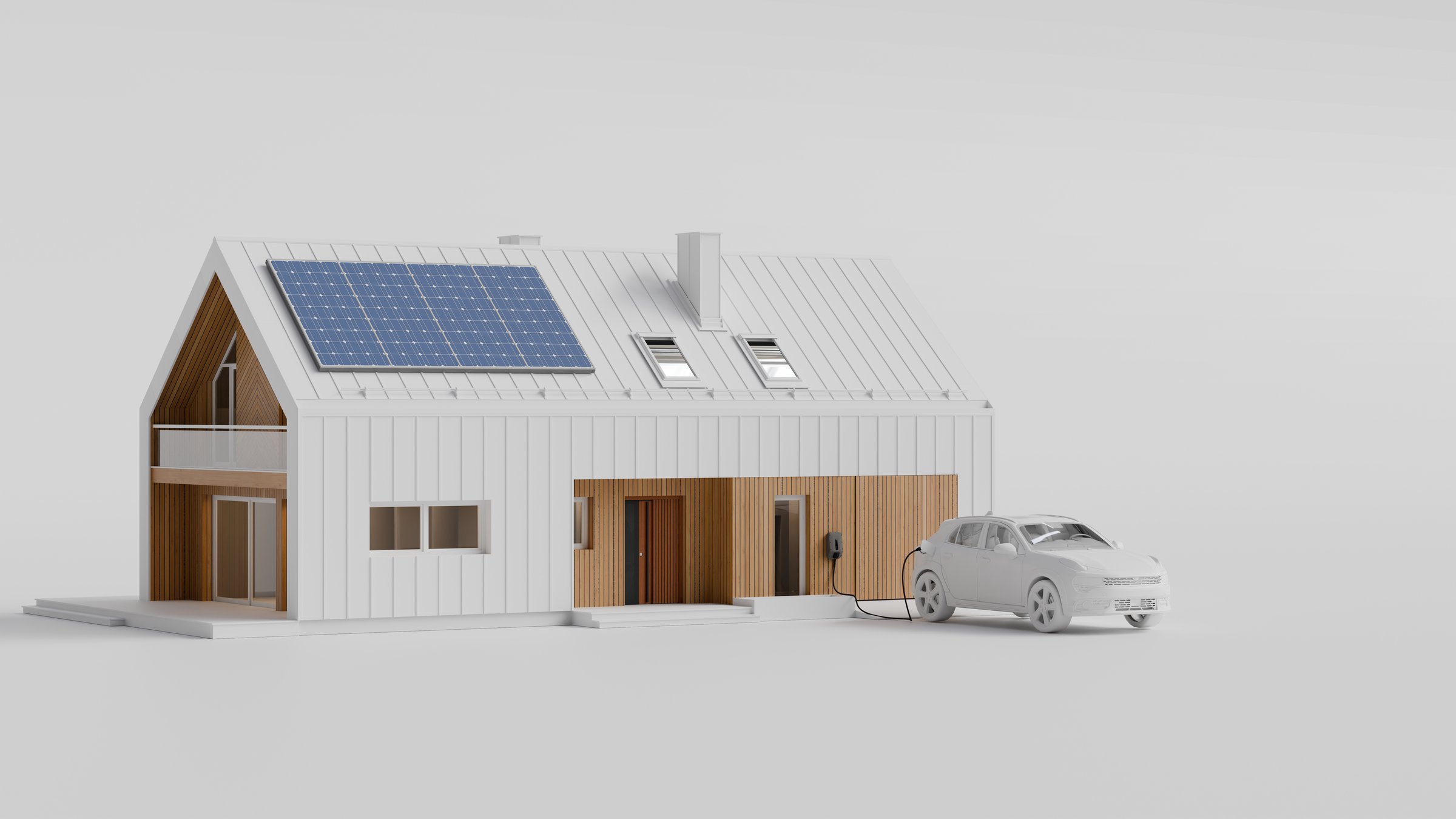 A modern eco home with solar panels on the roof and an electric car charging in front, representing sustainable living and renewable energy. This clean and minimalist architectural 3D render illustrates the concept of a smart, energy-efficient future home powered by solar technology and electric mobility. Perfect for themes related to clean energy, sustainability, modern architecture, and eco-friendly innovation.