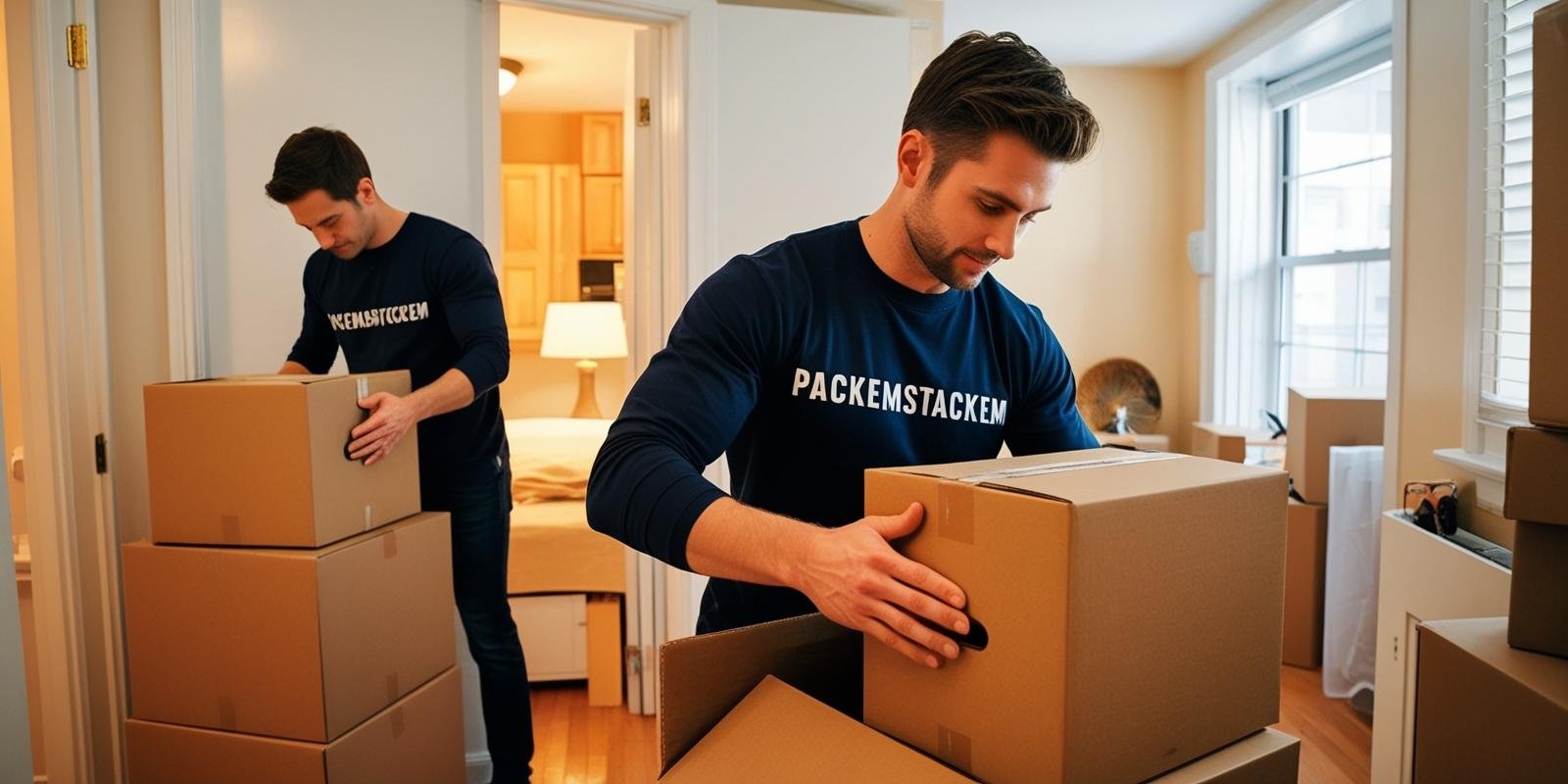 Two PackEmStackEm team members packing moving boxes in a 1 bedroom apartment with dark navy blue shirts